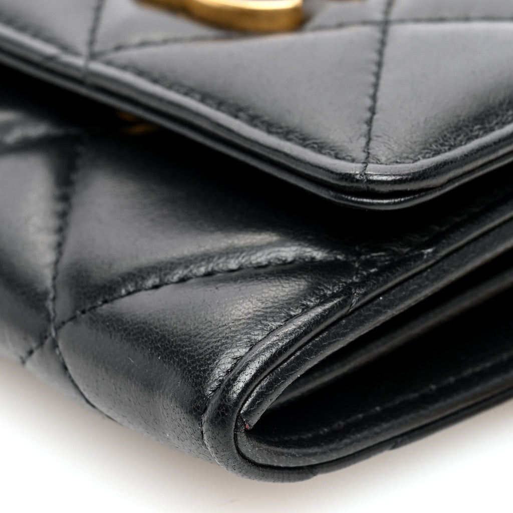 Lambskin Enamel Quilted Pending CC  Holder On Chain Black