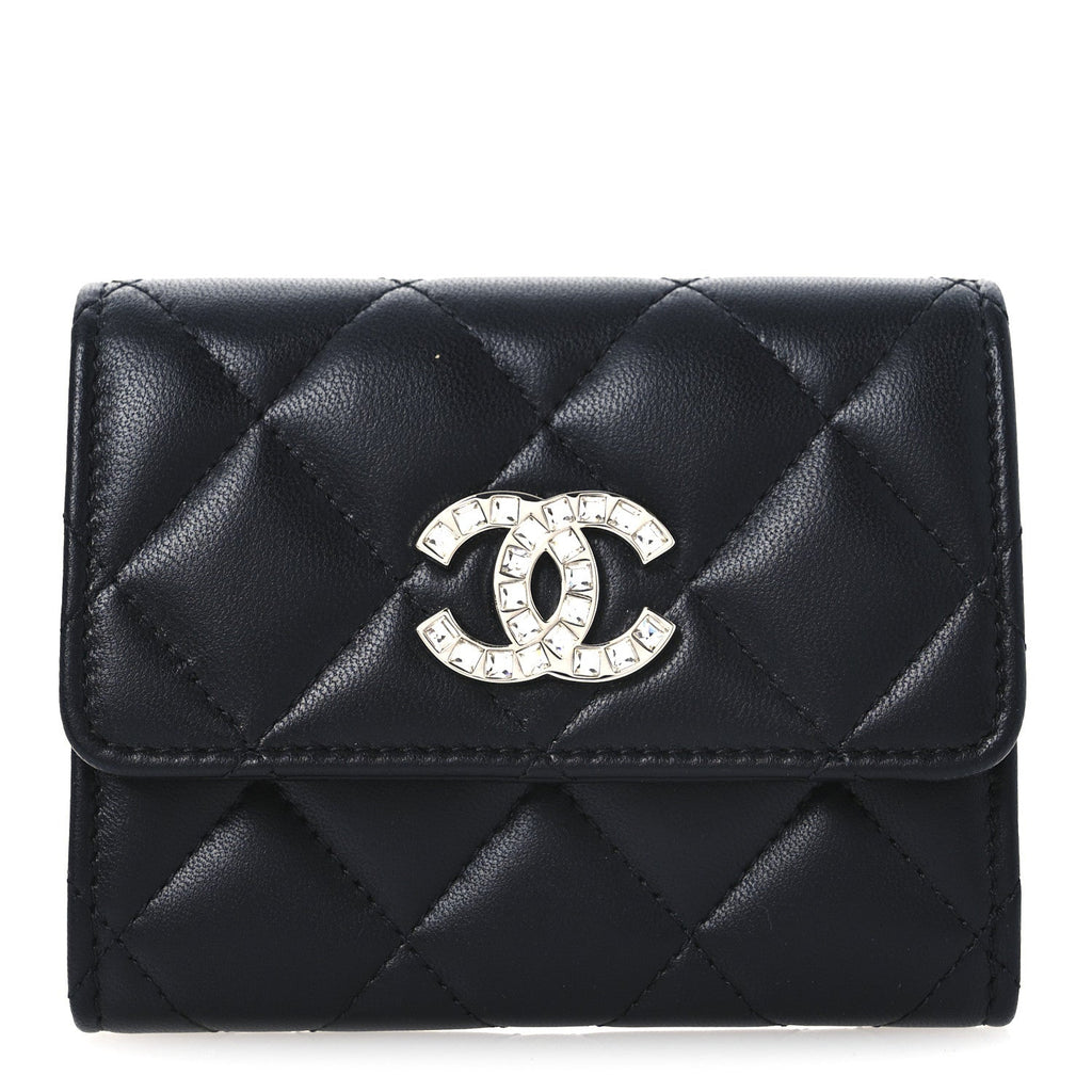 Lambskin Quilted Flap Baguette Crystal  Holder Wallet Black