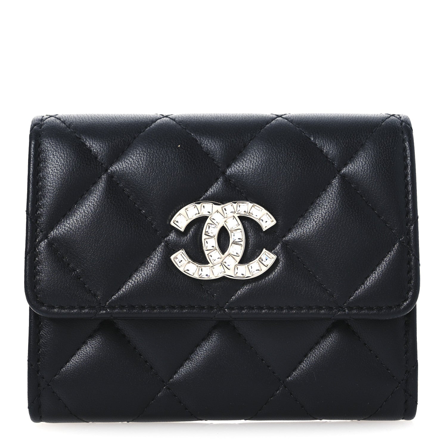 Lambskin Quilted Flap Baguette Crystal  Holder Wallet Black