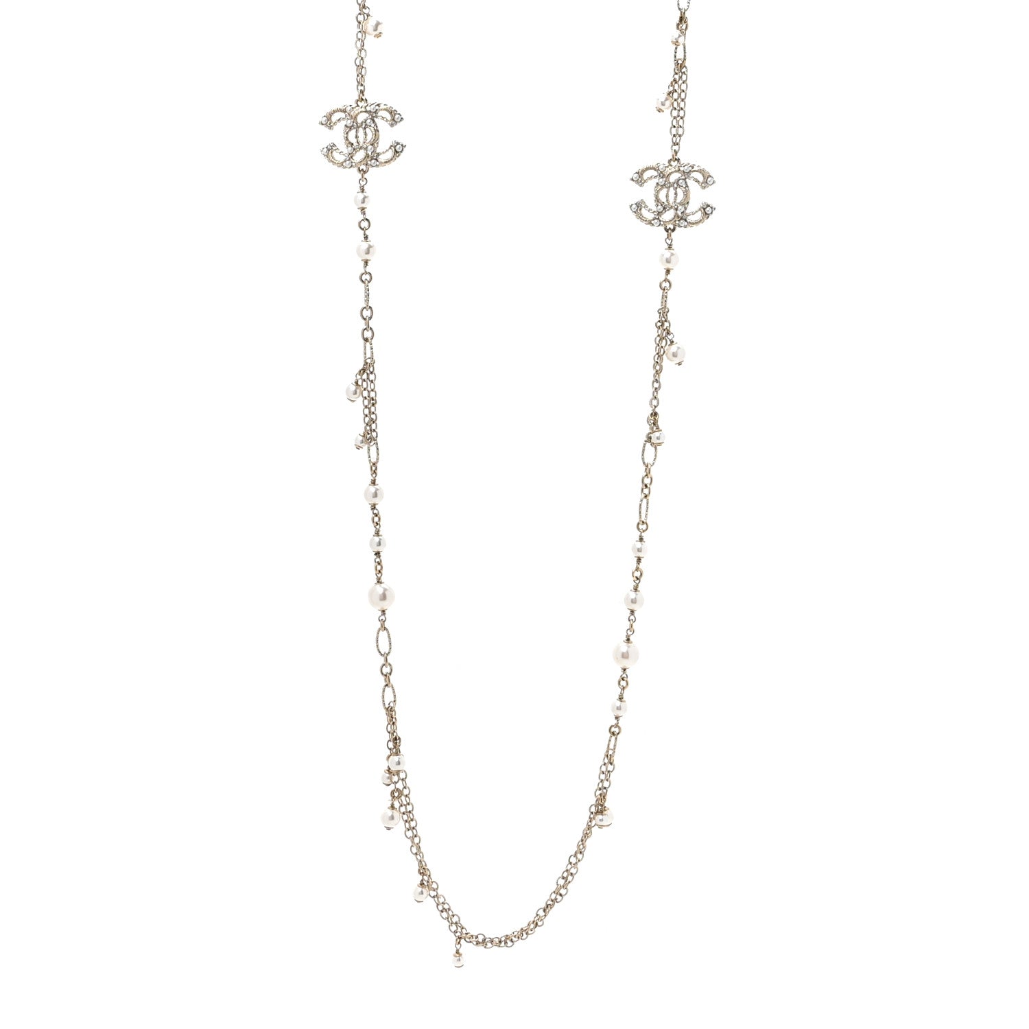 Pearl Crystal CC Long Necklace Light Gold