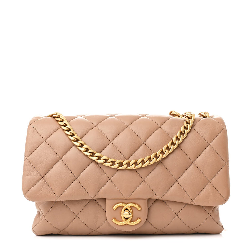 Lambskin Quilted Medium Pillow Crush Flap Beige