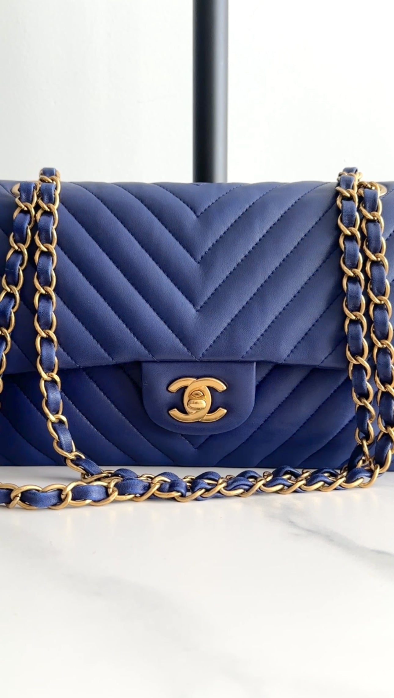 Chanel Blue Chevron Quilted Medium Double Classic Flap Bag GHW