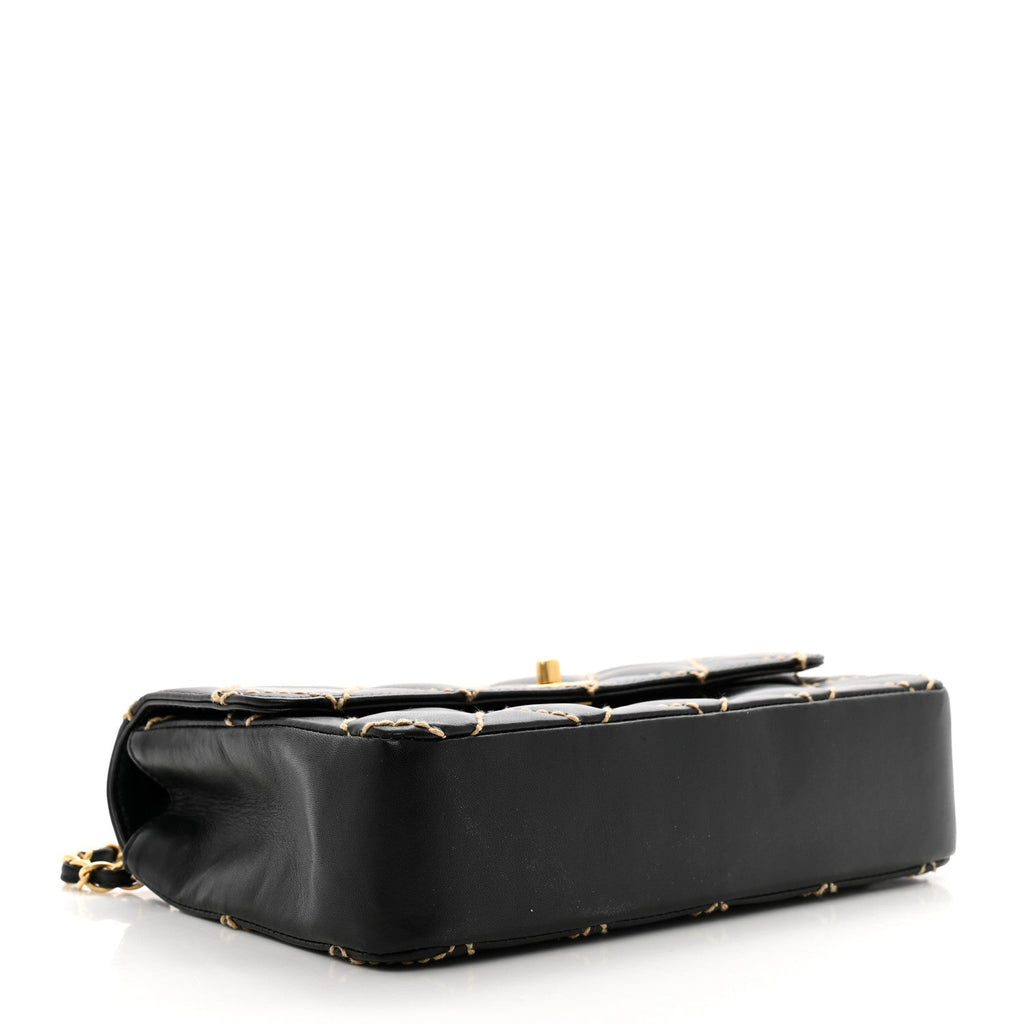 Calfskin Quilted Contrast Stitch Medium Flap Black