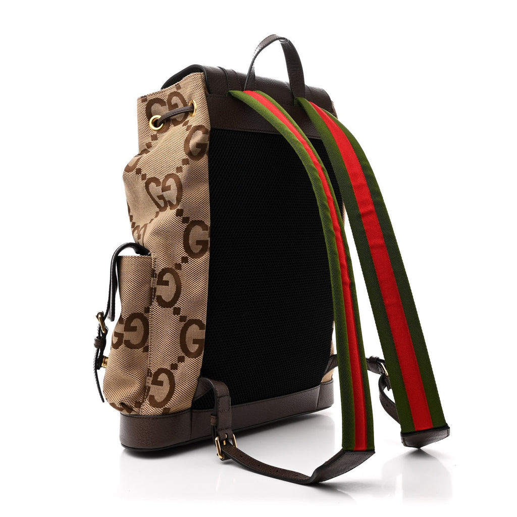 Monogram Jumbo GG Textured Dollar Calfskin Web Double Buckle Backpack Camel Ebony New Acero
