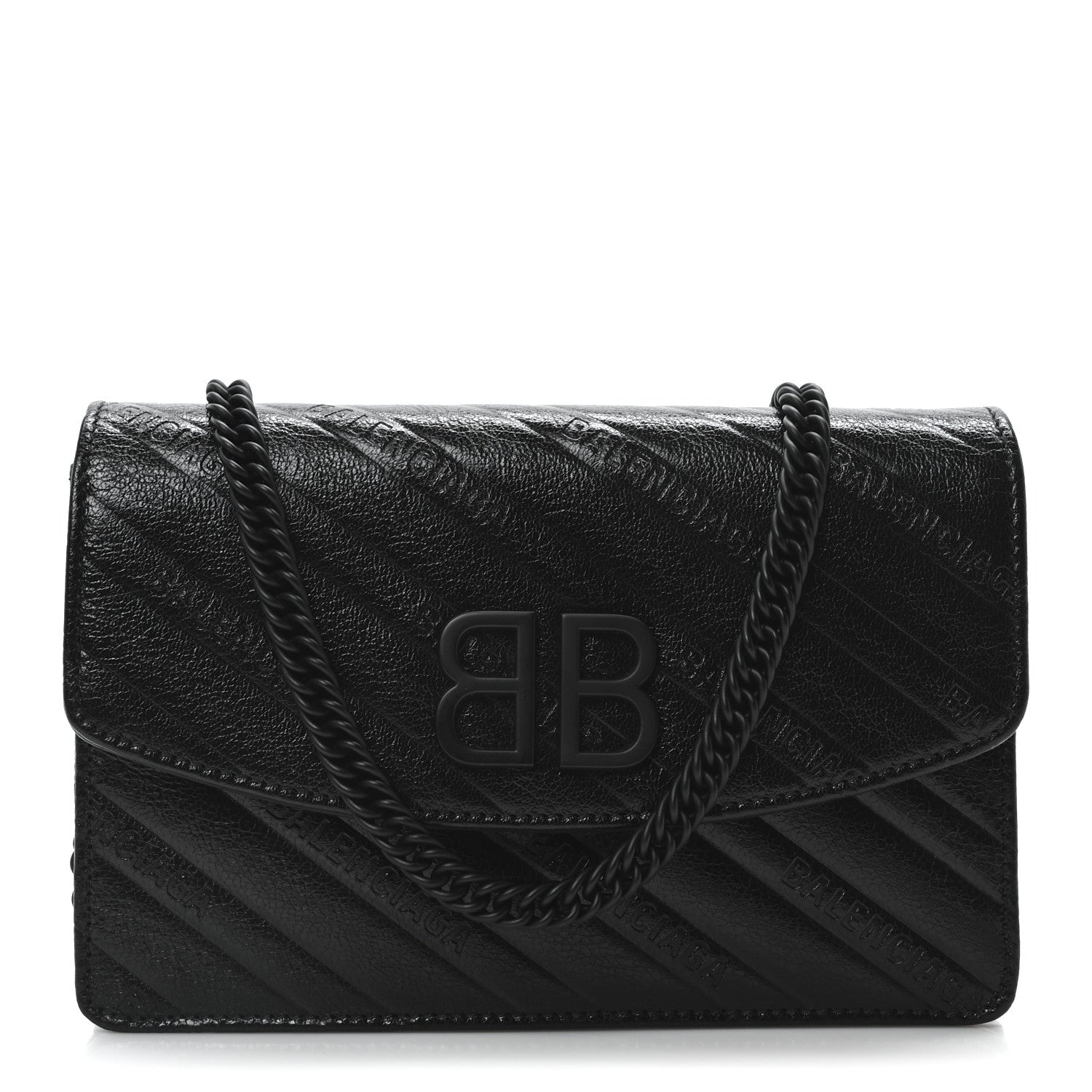 Shiny Goatskin Logo Embossed Monochrome BB Wallet On Chain Black