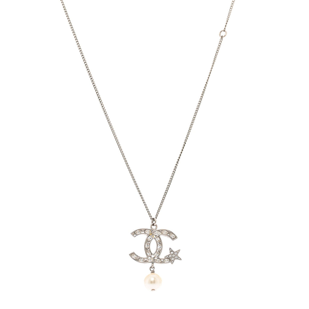 Crystal CC Star Pearl Drop Necklace Silver