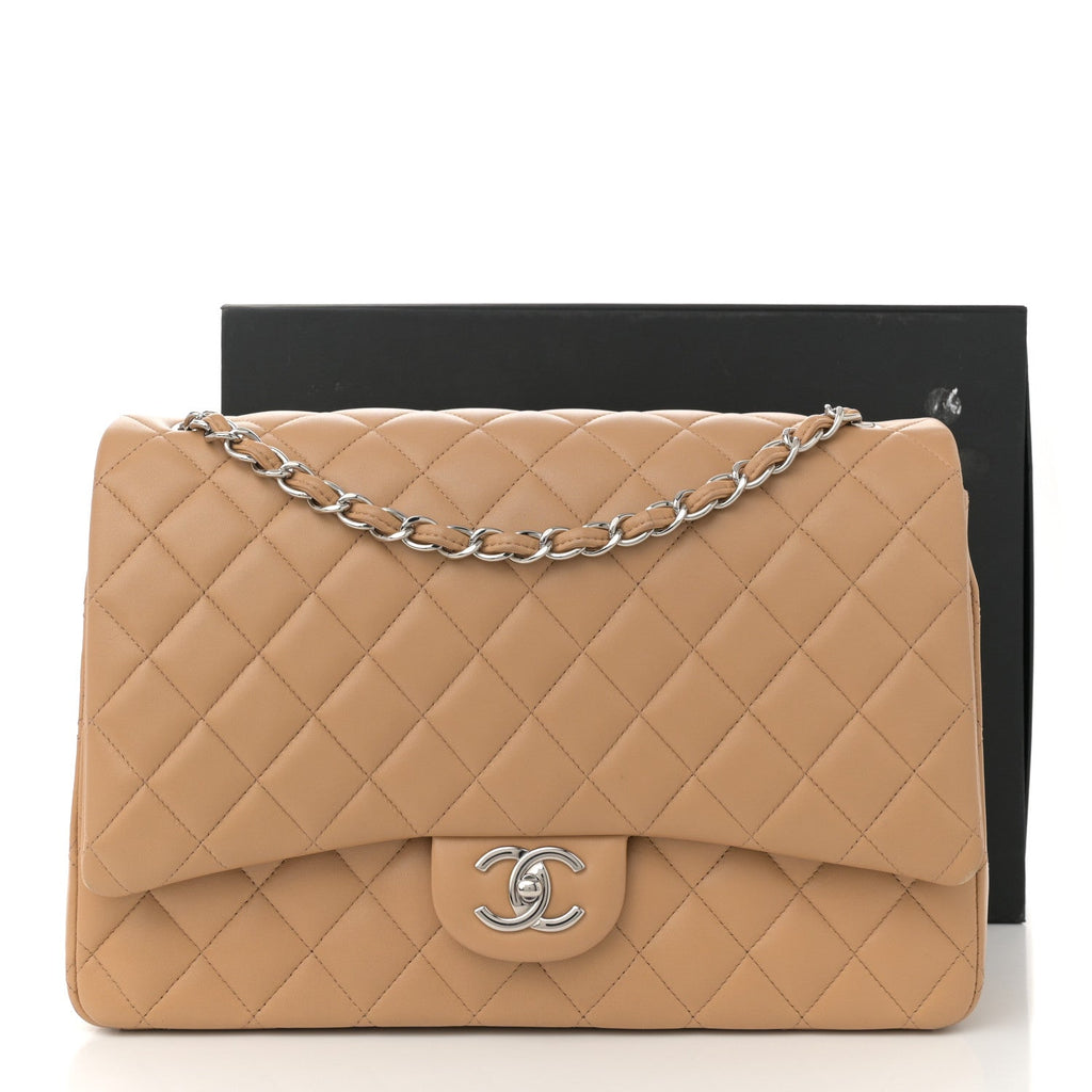 Lambskin Quilted Maxi Double Flap Beige