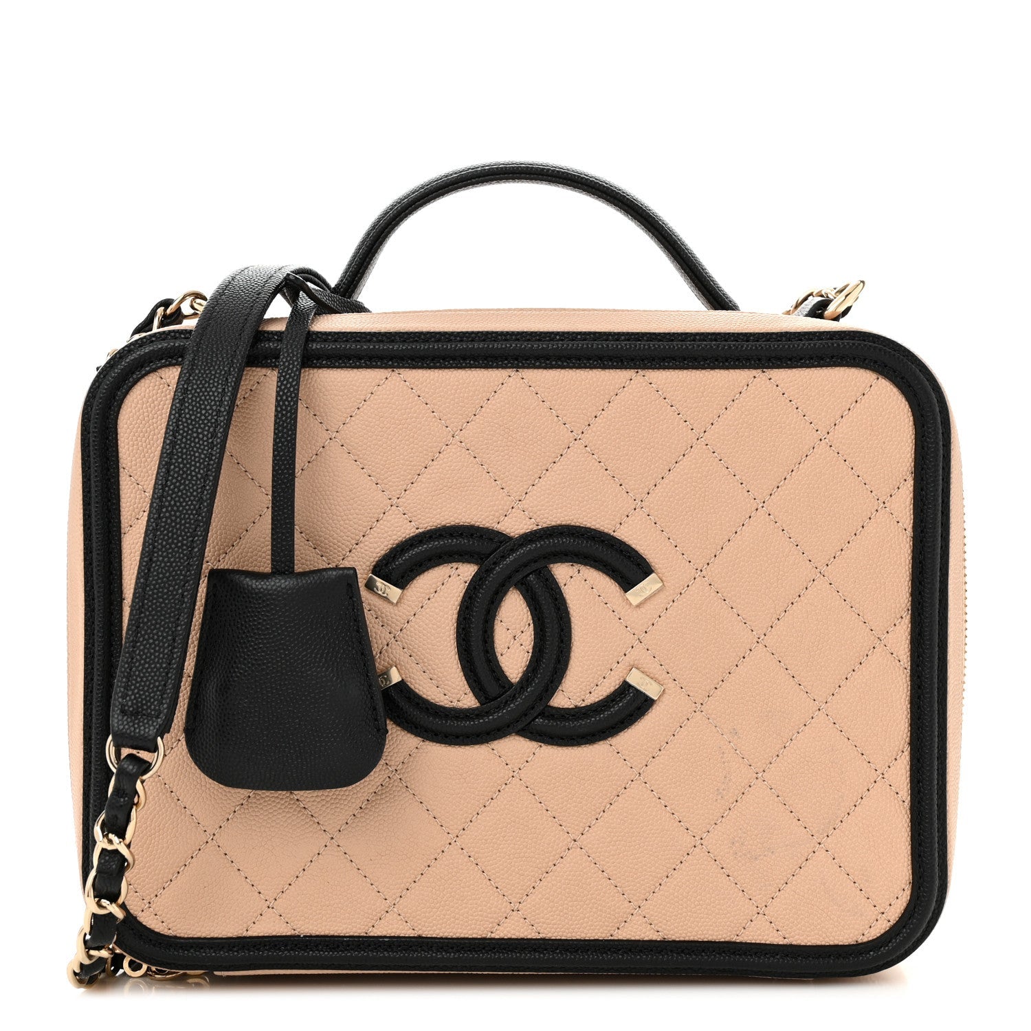 Caviar Quilted Medium CC Filigree Vanity Case Beige Black