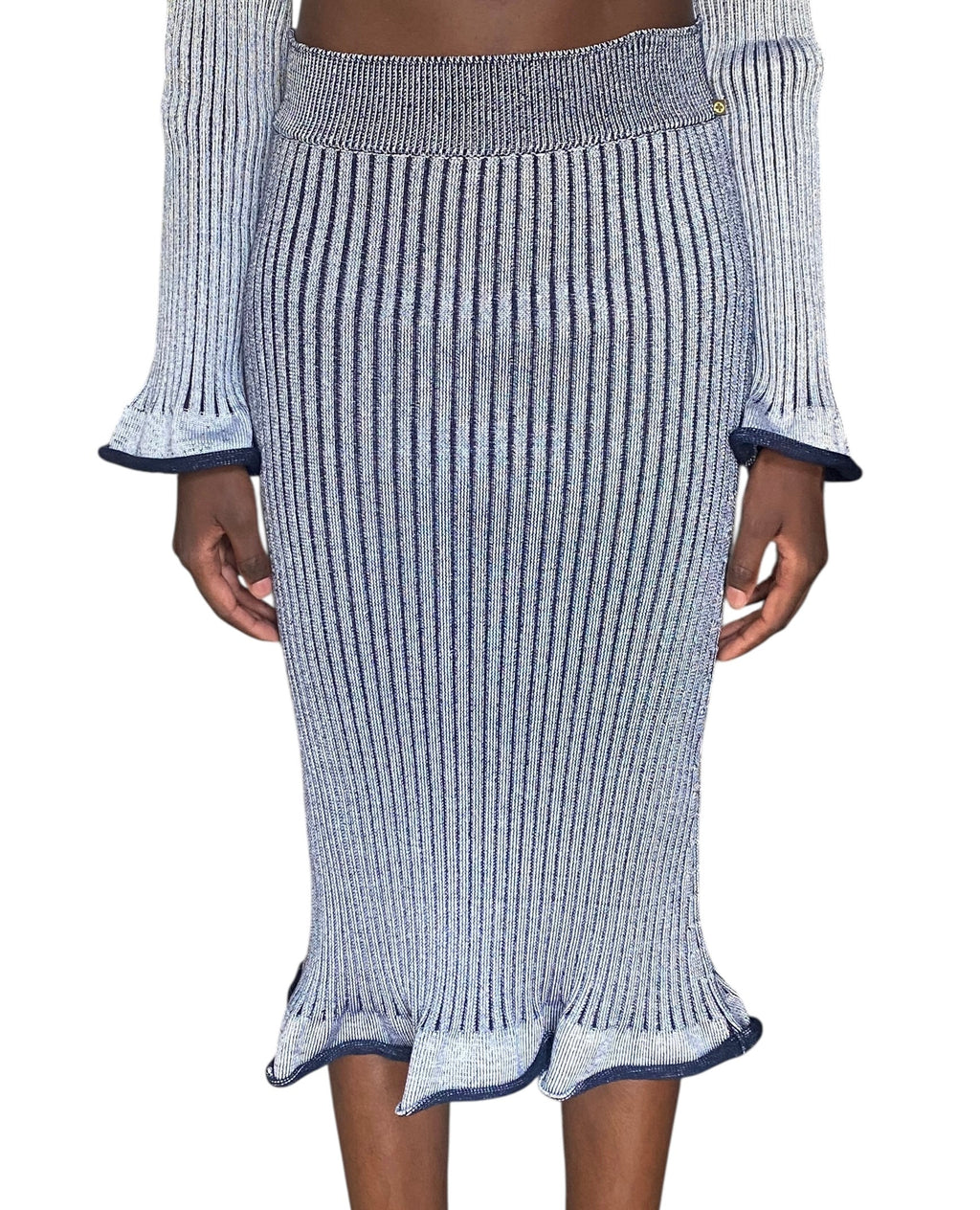 Louis Vuitton 2015 Navy Ribbed Knit Keyhole Sweater Skirt Set - M / US 6