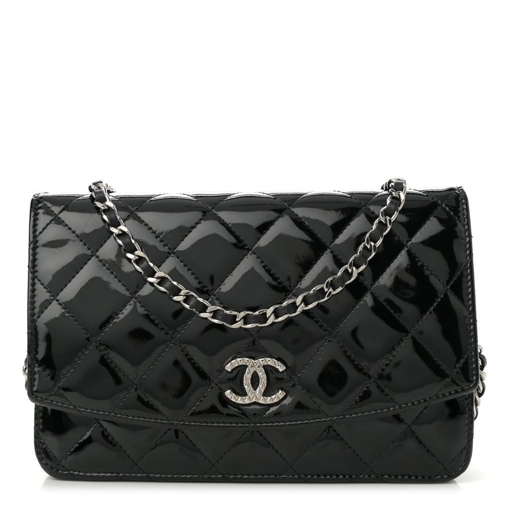 Patent Quilted Brilliant Wallet On Chain WOC Black
