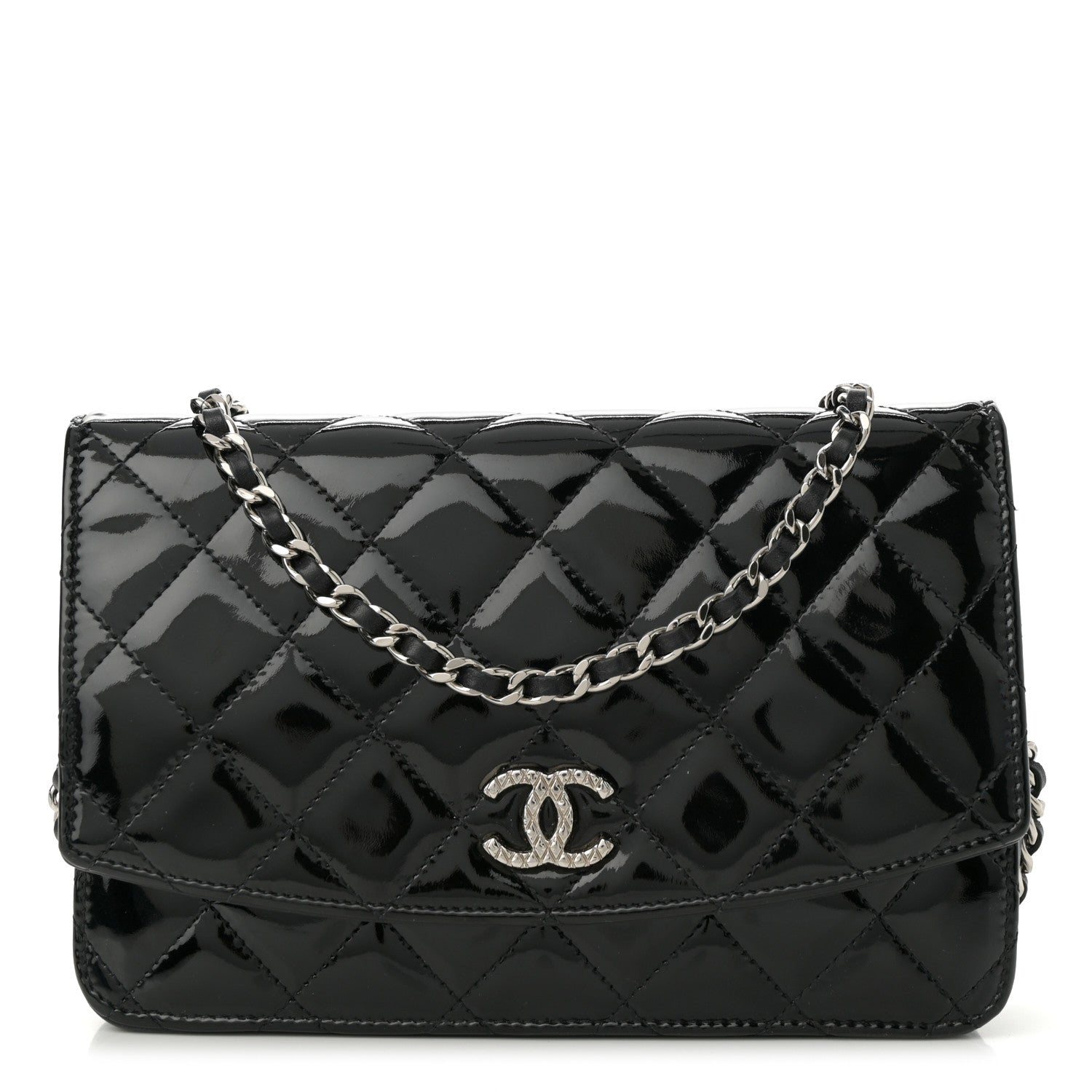 Patent Quilted Brilliant Wallet On Chain WOC Black