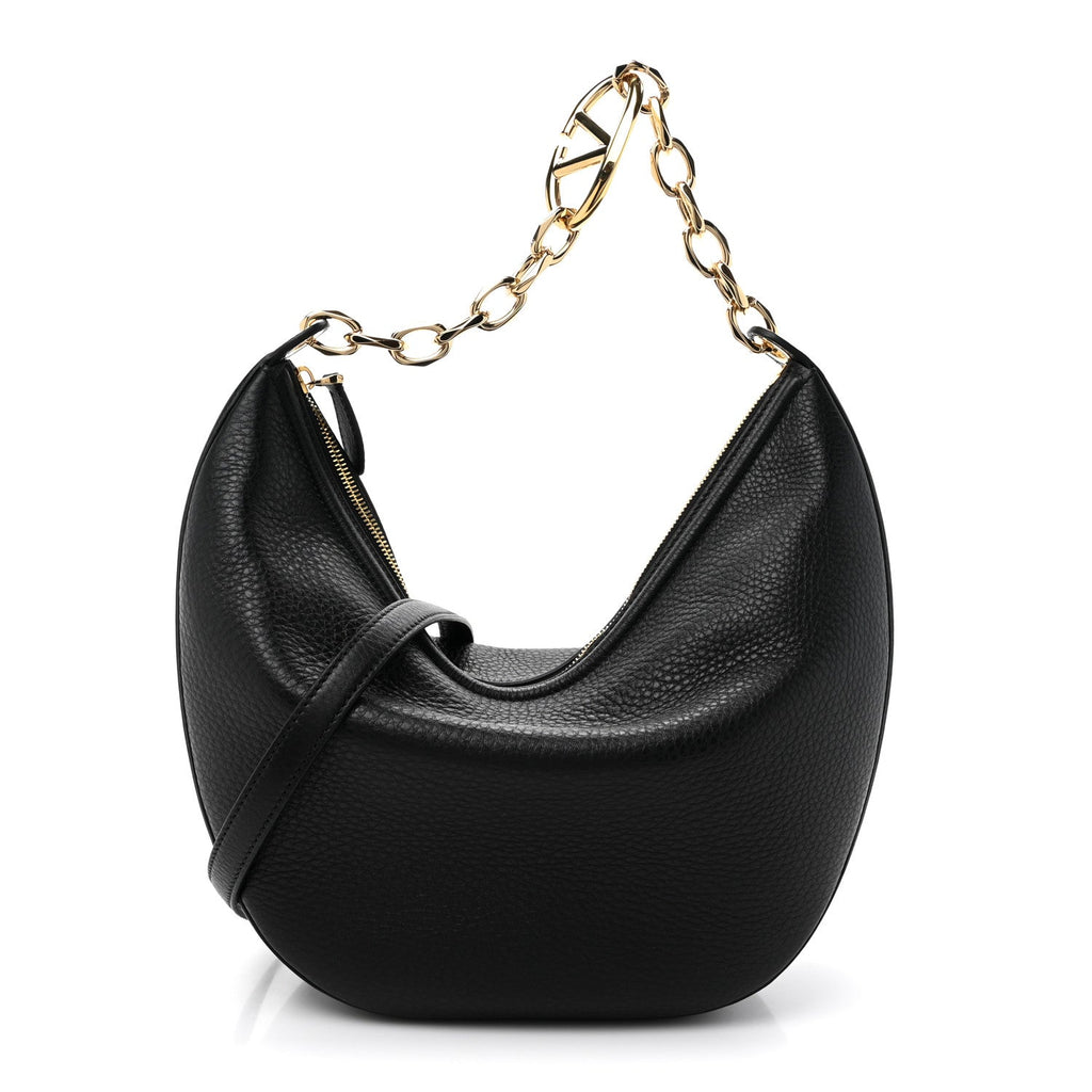 Grainy Calfskin Small Vlogo Moon Hobo Bag Black