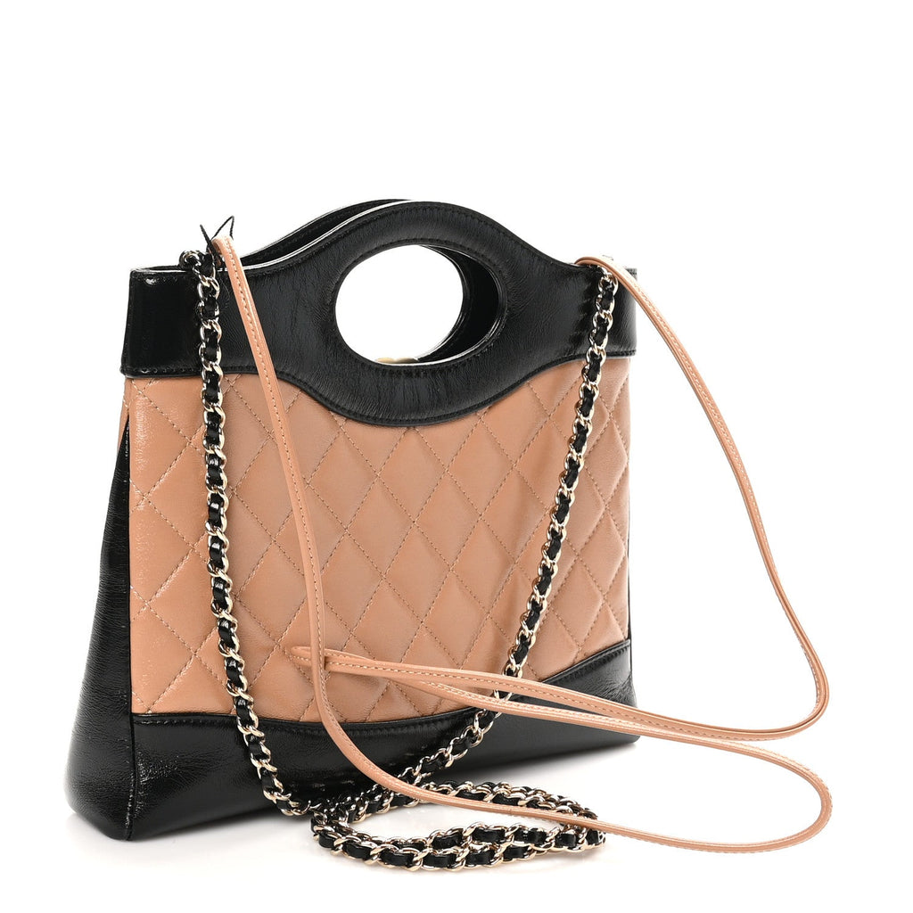 Shiny Crumpled Calfskin Quilted Mini 31 Shopping Bag Dark Beige Black