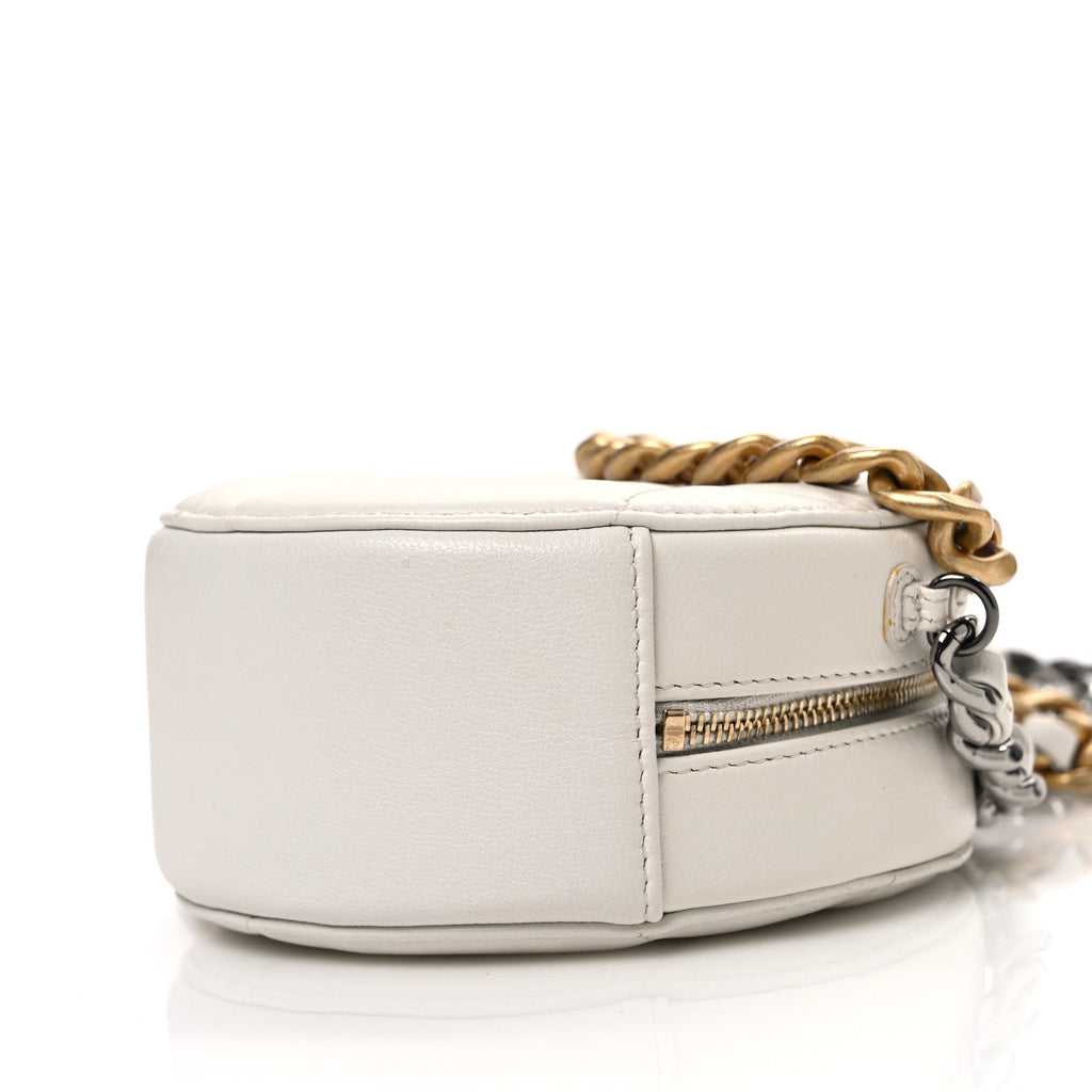 Shiny Goatskin Quilted Chanel 19 Round Clutch With Chain White