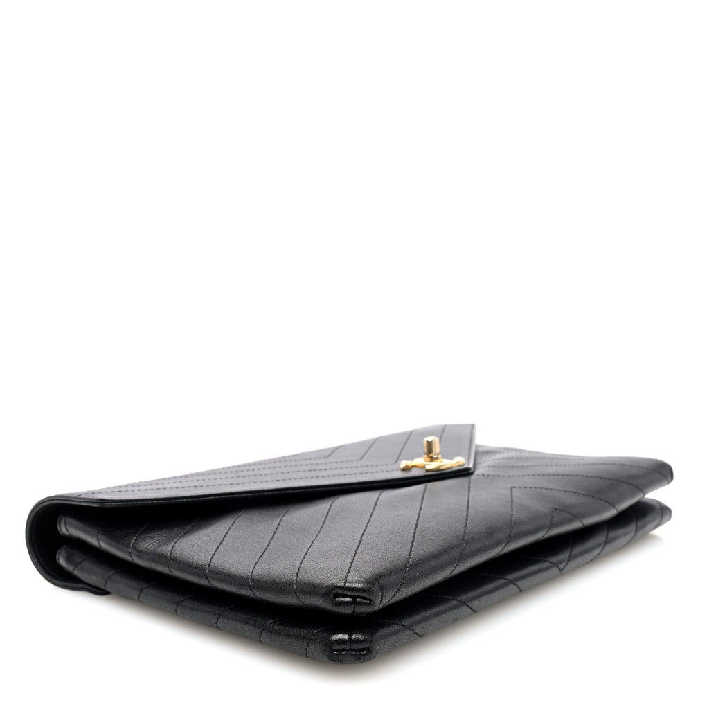 Lambskin Chevron Quilted Envelope Clutch Black