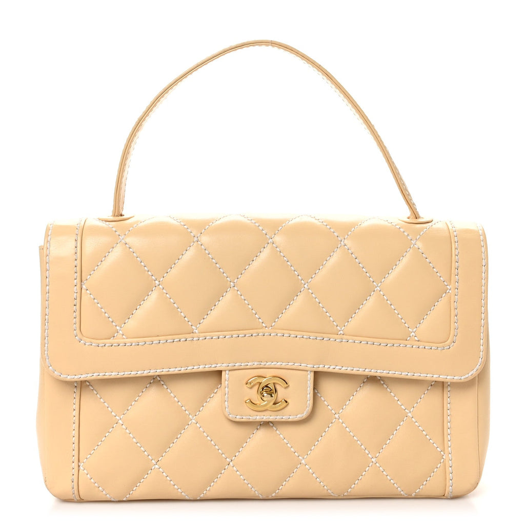 Calfskin Quilted Wild Stitch Large Flap Beige