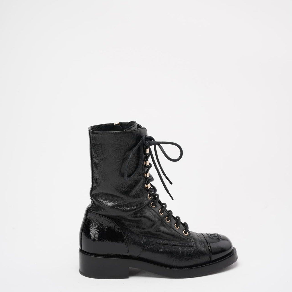 Chanel Black Calfskin Lace Up Combat Boots 39