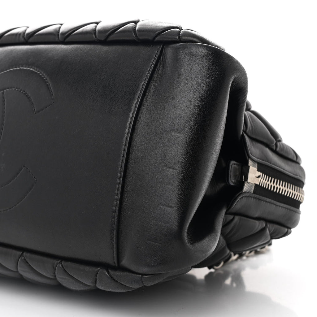 Lambskin Bubble Quilt Small Double Bowling Bag Black