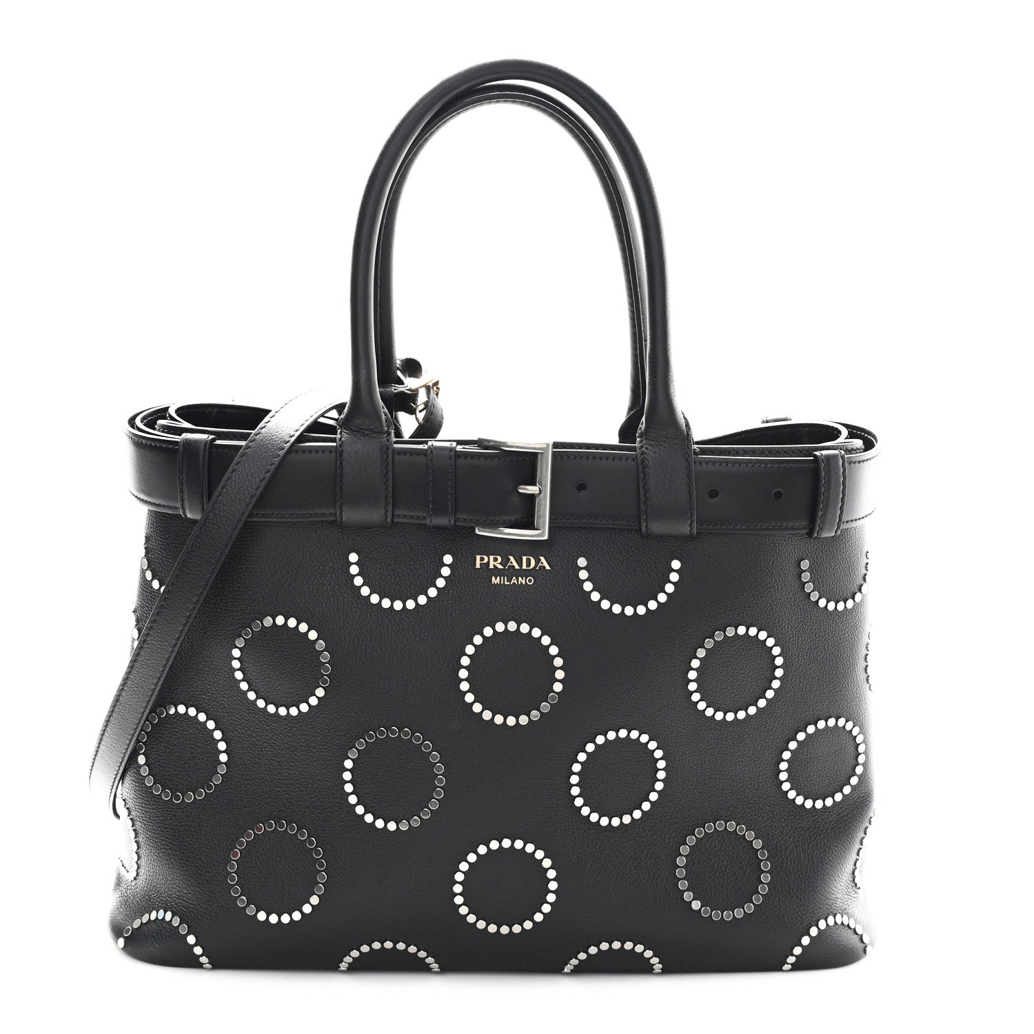 Soft Grain Calfskin Studded Large Buckle Bag With Belt Black