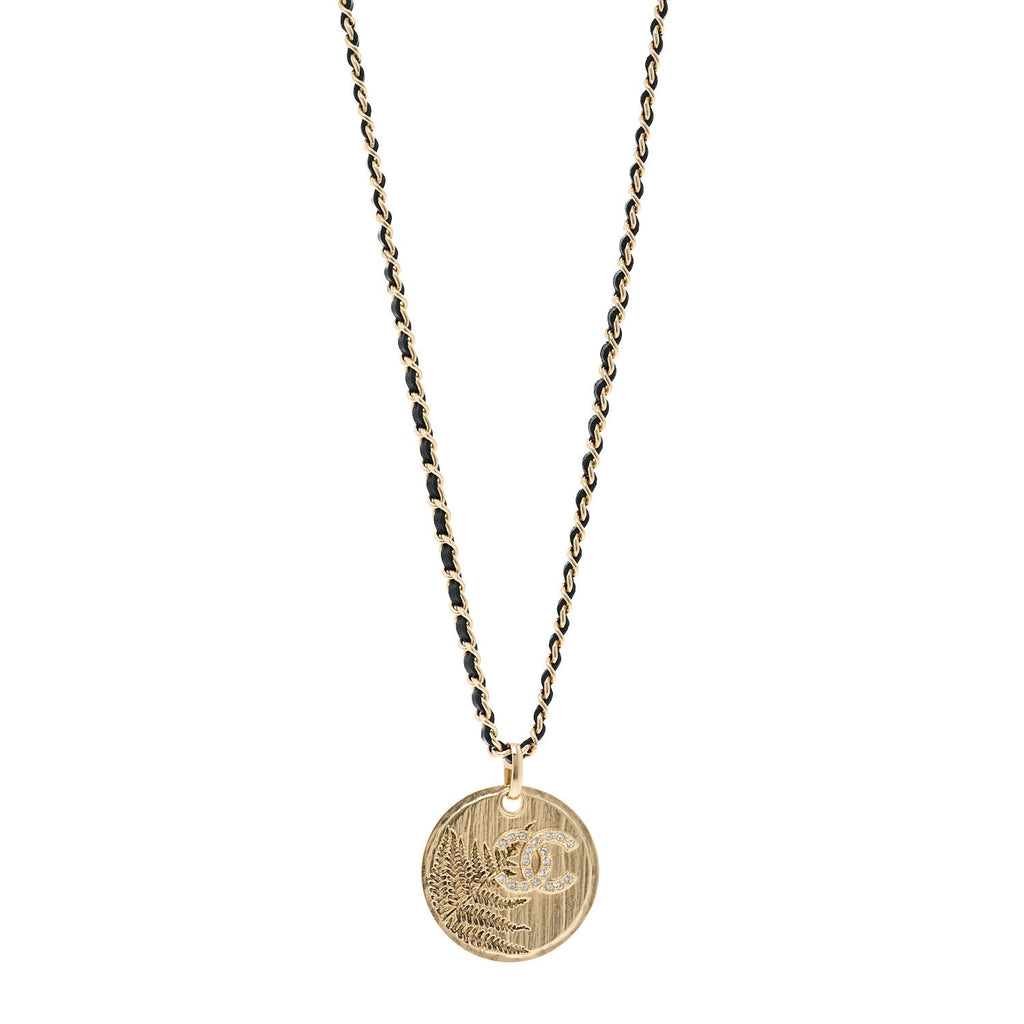 Lambskin Crystal CC Round Pendant Chain Necklace Gold Black