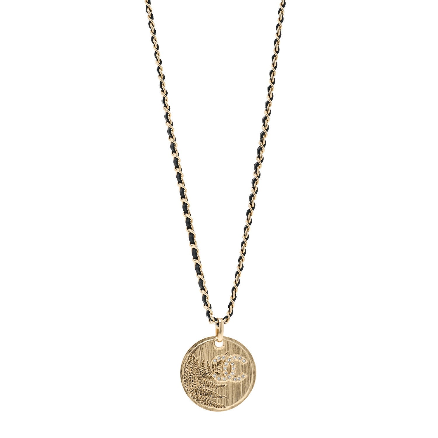Lambskin Crystal CC Round Pendant Chain Necklace Gold Black