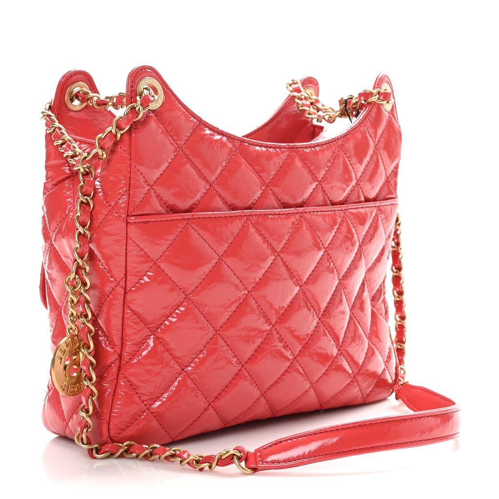 Shiny Crumpled Calfskin Quilted Wavy CC Hobo Red