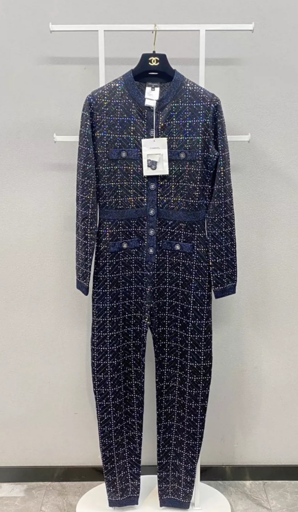 Chanel 21K Black, Silver & Multicolor Viscose Jumpsuit