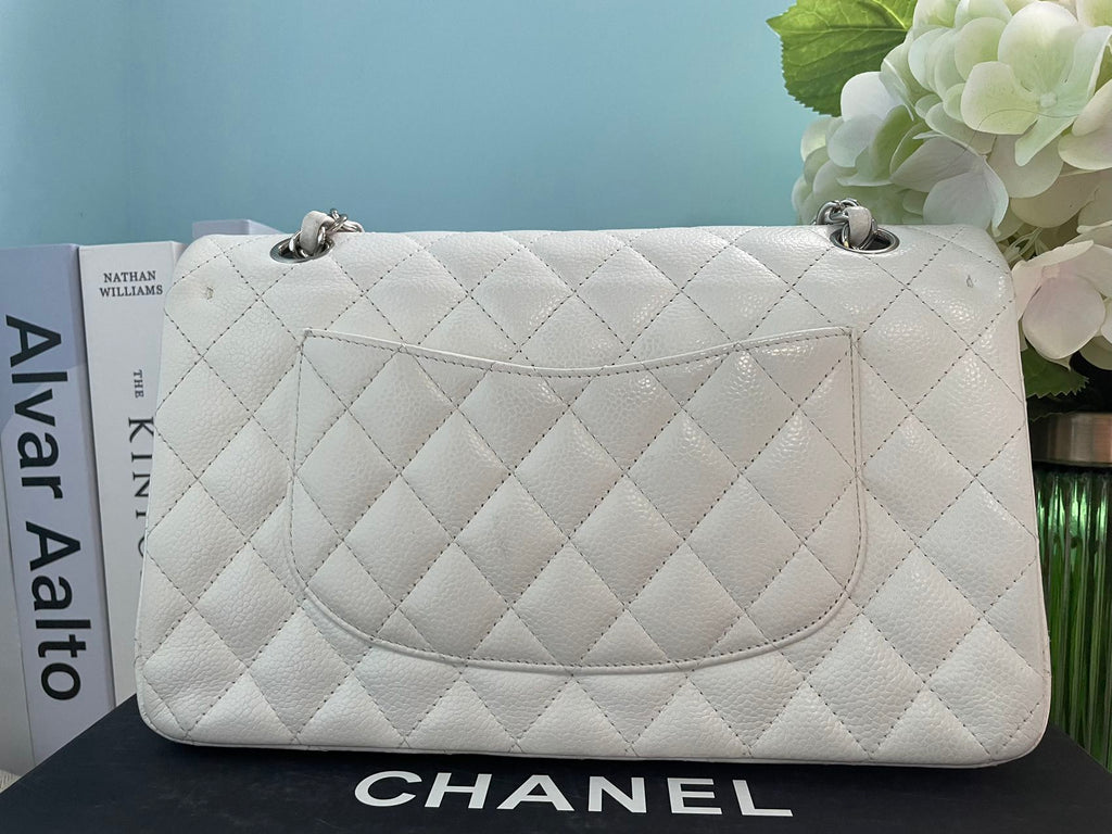 Chanel White Classic Flap Bag in medium Caviar Leather with Silver Hardware