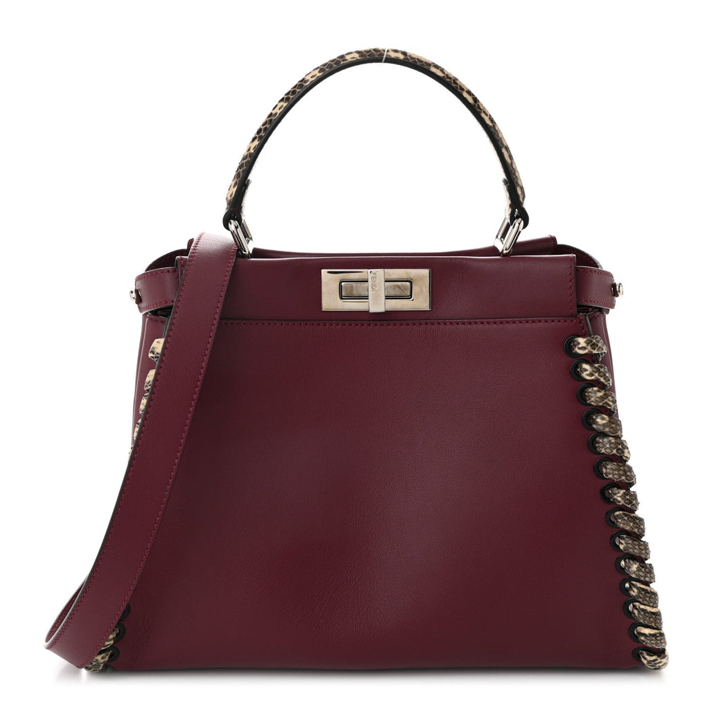 Calfskin Elaphe Lace Up Medium Peekaboo Iconic Satchel Bordeaux Beige Verde