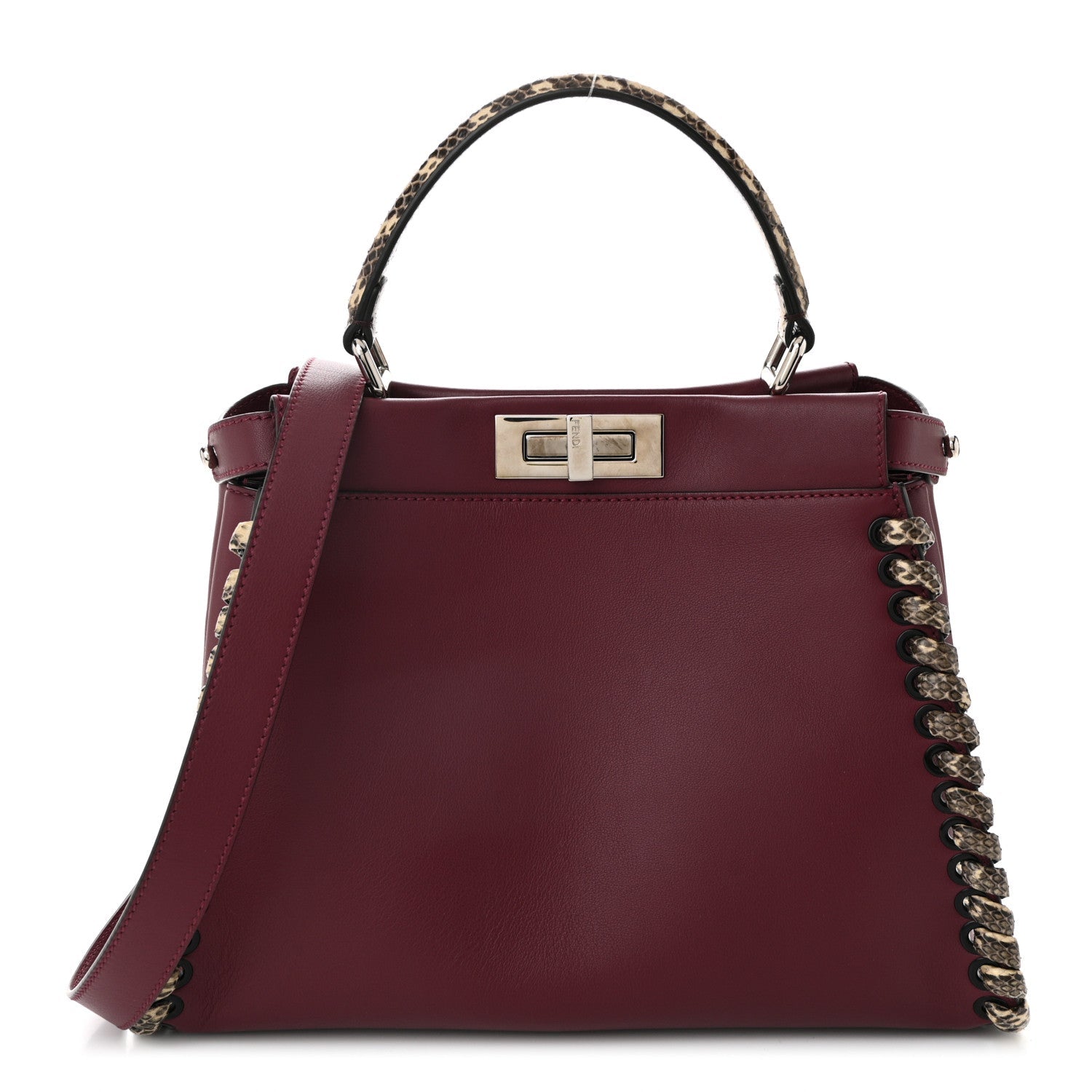 Calfskin Elaphe Lace Up Medium Peekaboo Iconic Satchel Bordeaux Beige Verde