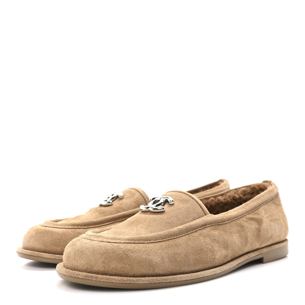 Suede Calfskin CC Loafers 38 Dark Beige