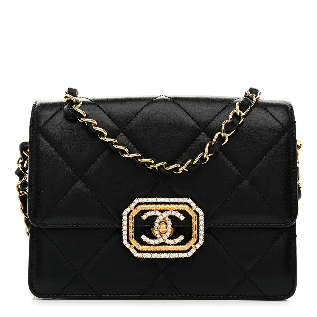 Calfskin Strass Quilted Mini Flap Black