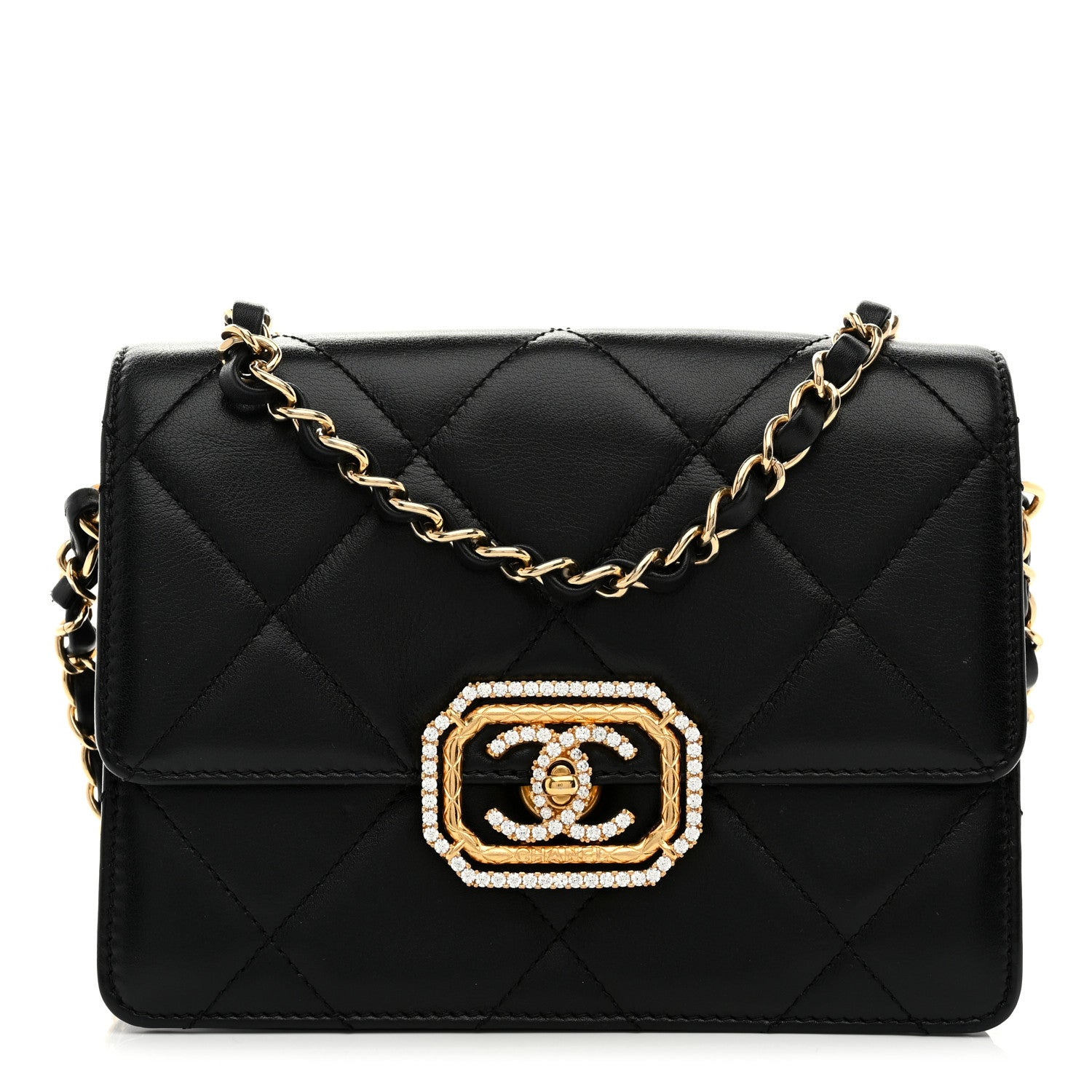 Calfskin Strass Quilted Mini Flap Black