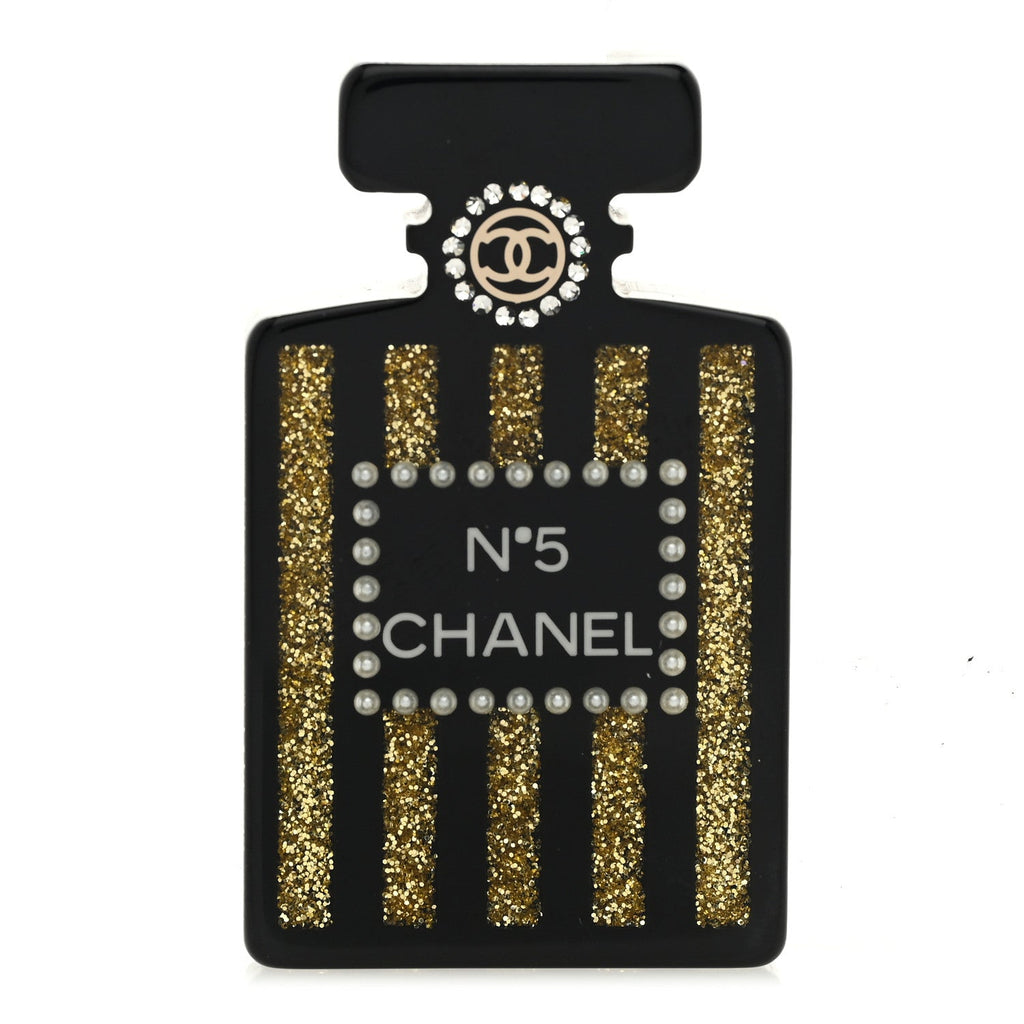 Resin Strass Perfume Bottle CC Brooch Black Gold