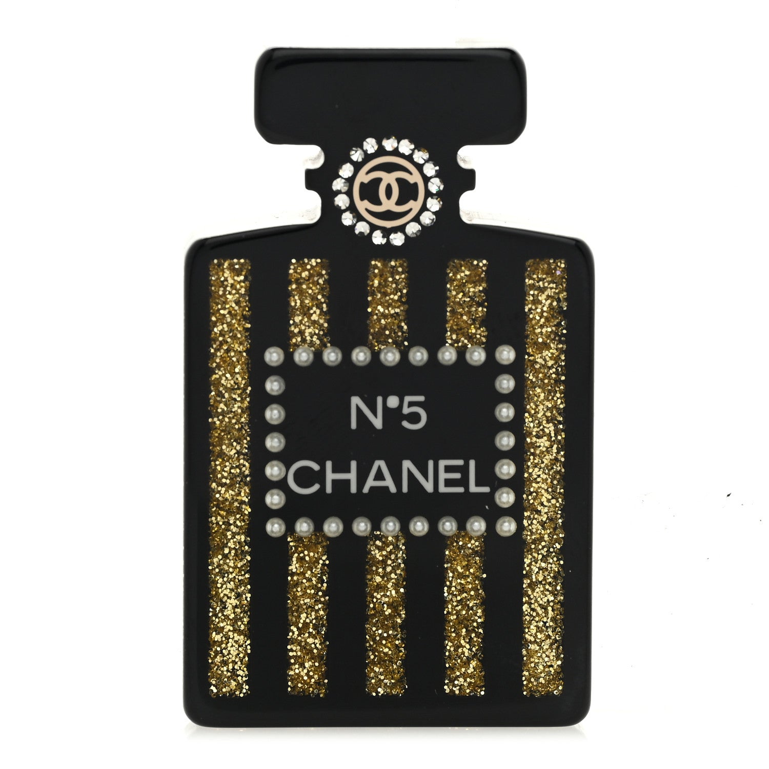 Resin Strass Perfume Bottle CC Brooch Black Gold