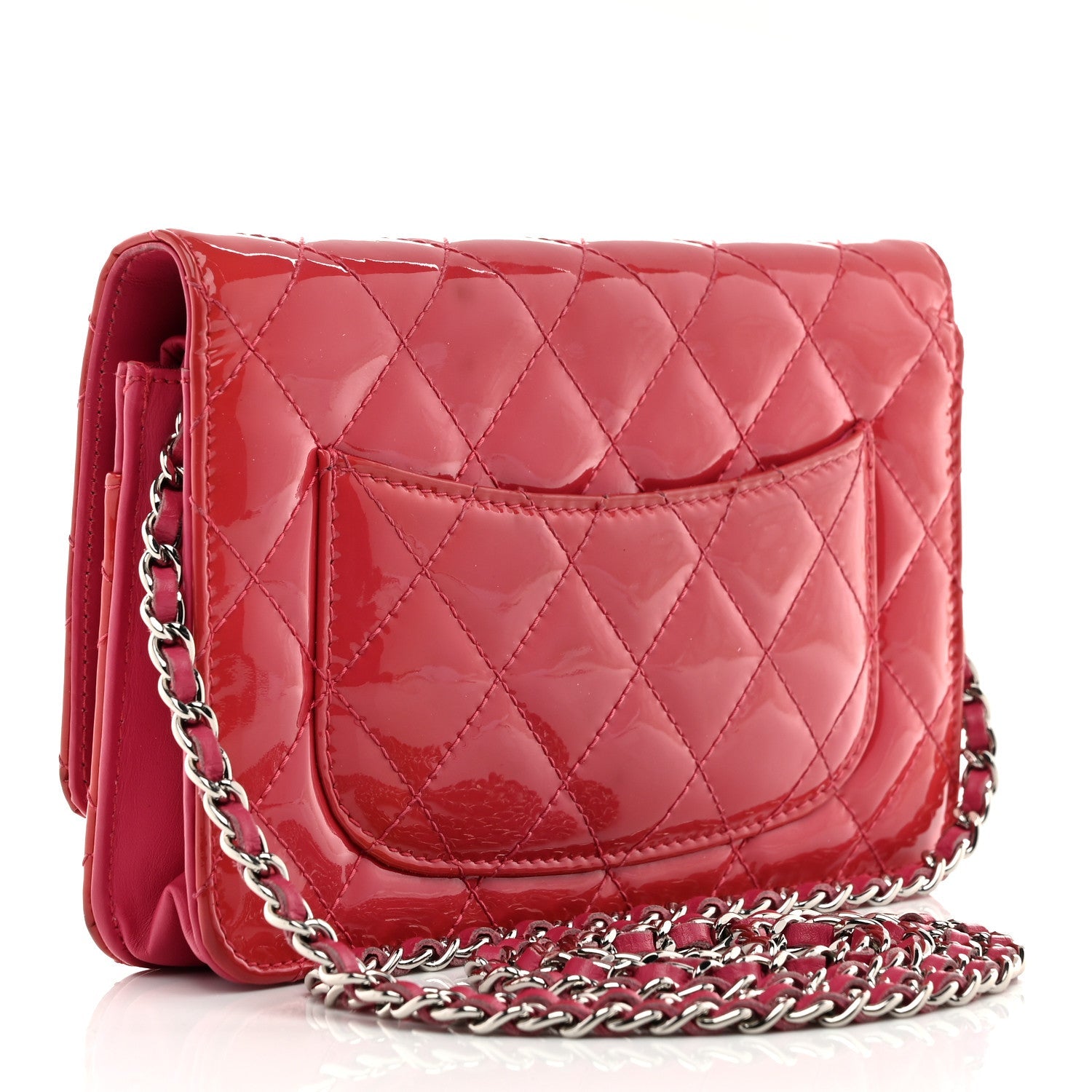 Patent Calfskin Quilted Wallet On Chain WOC Pink