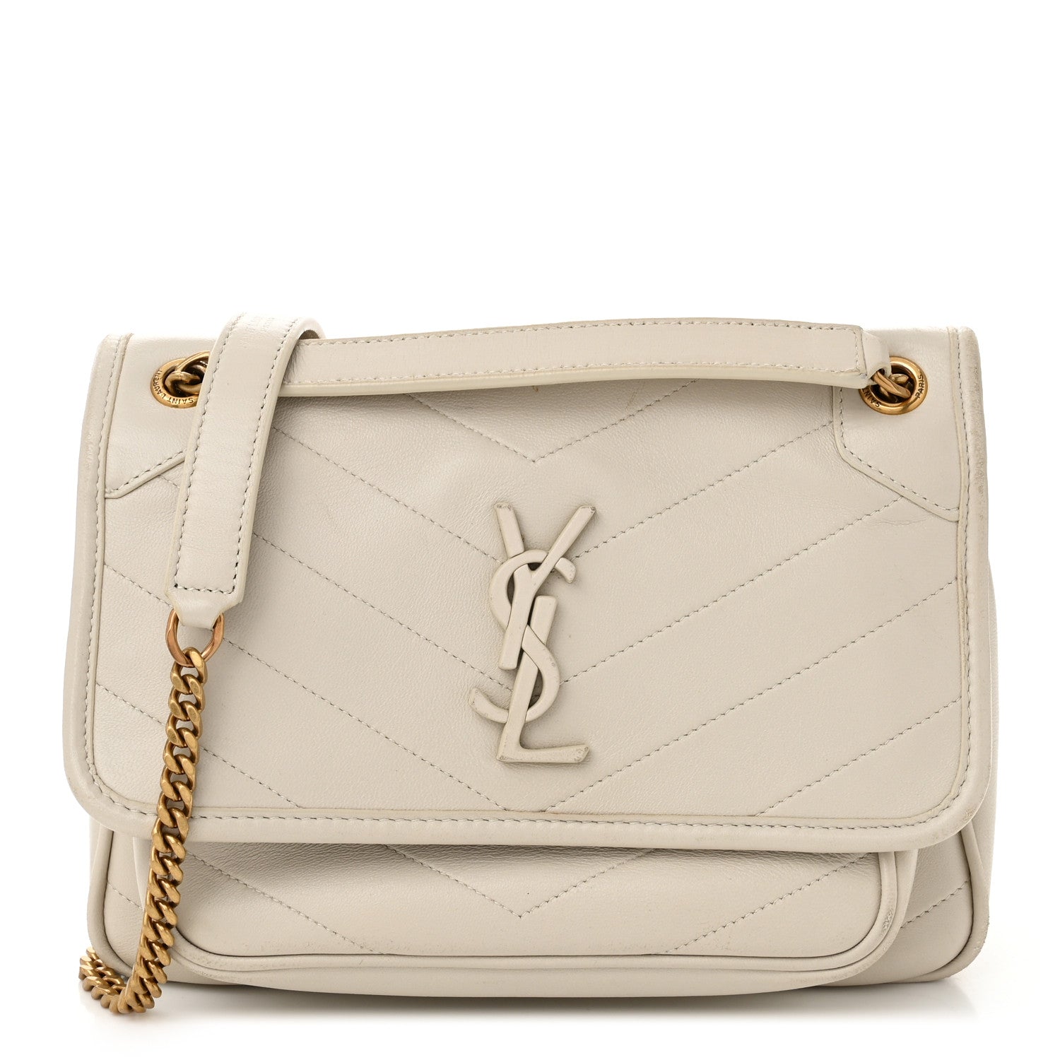 Crinkled Calfskin Matelasse Monogram Baby Niki Chain Satchel Ivory