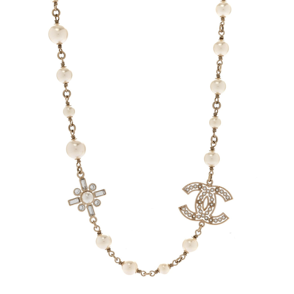Crystal Baguette Pearl CC Cross Short Necklace Gold