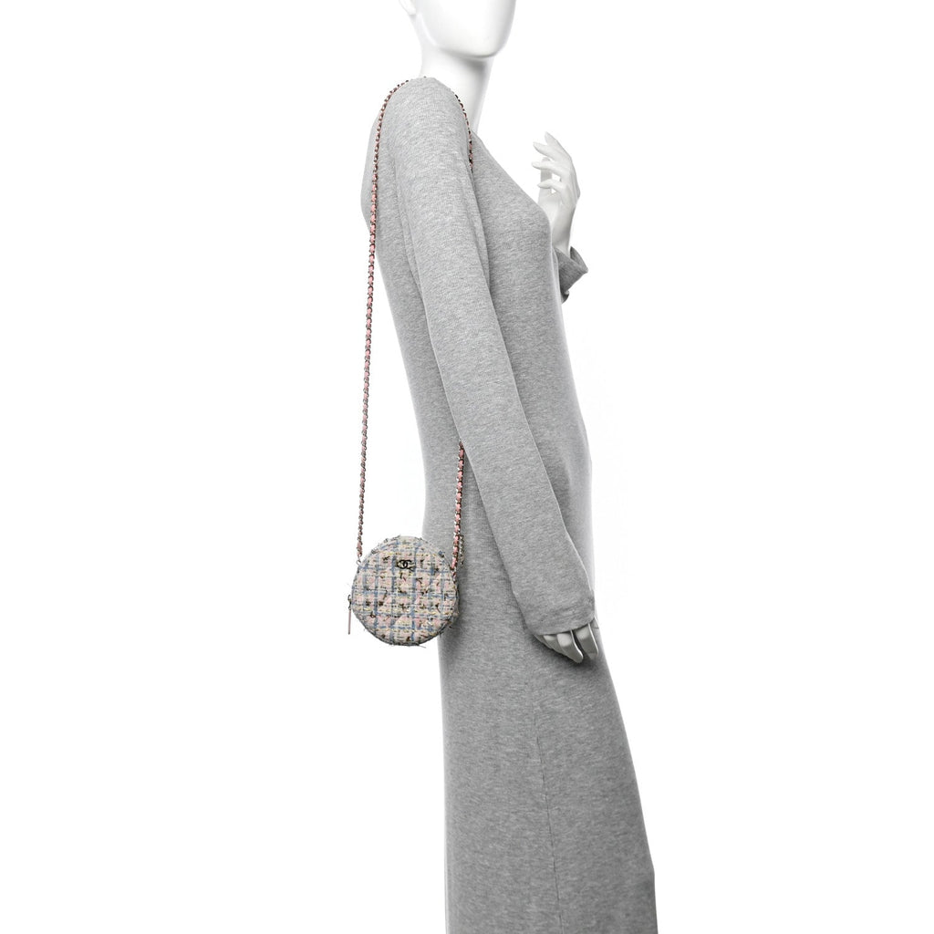 Tweed Quilted Round Clutch With Chain White Pink Multicolor