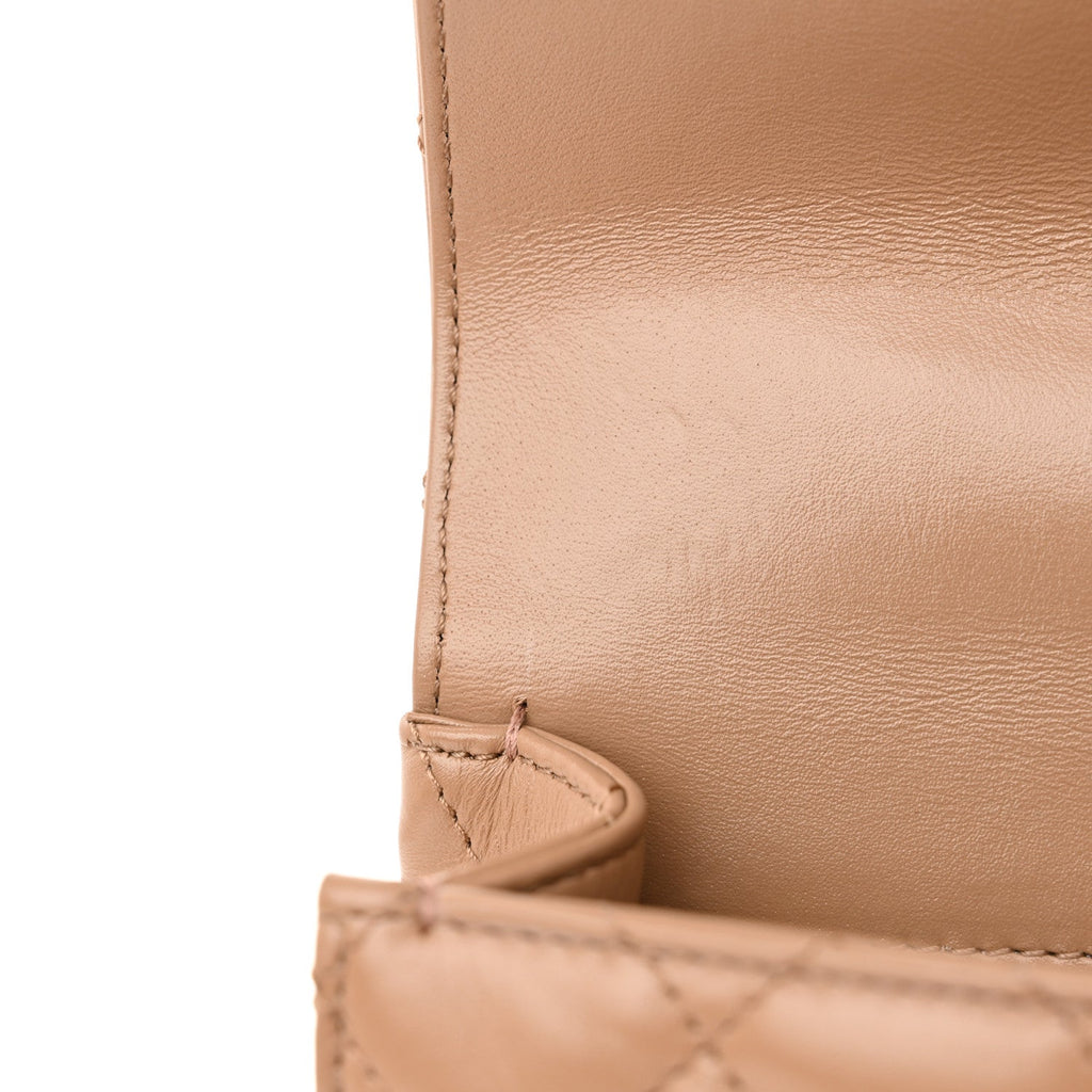 Shiny Calfskin Quilted Small Metal Chain Top Handle Flap Beige