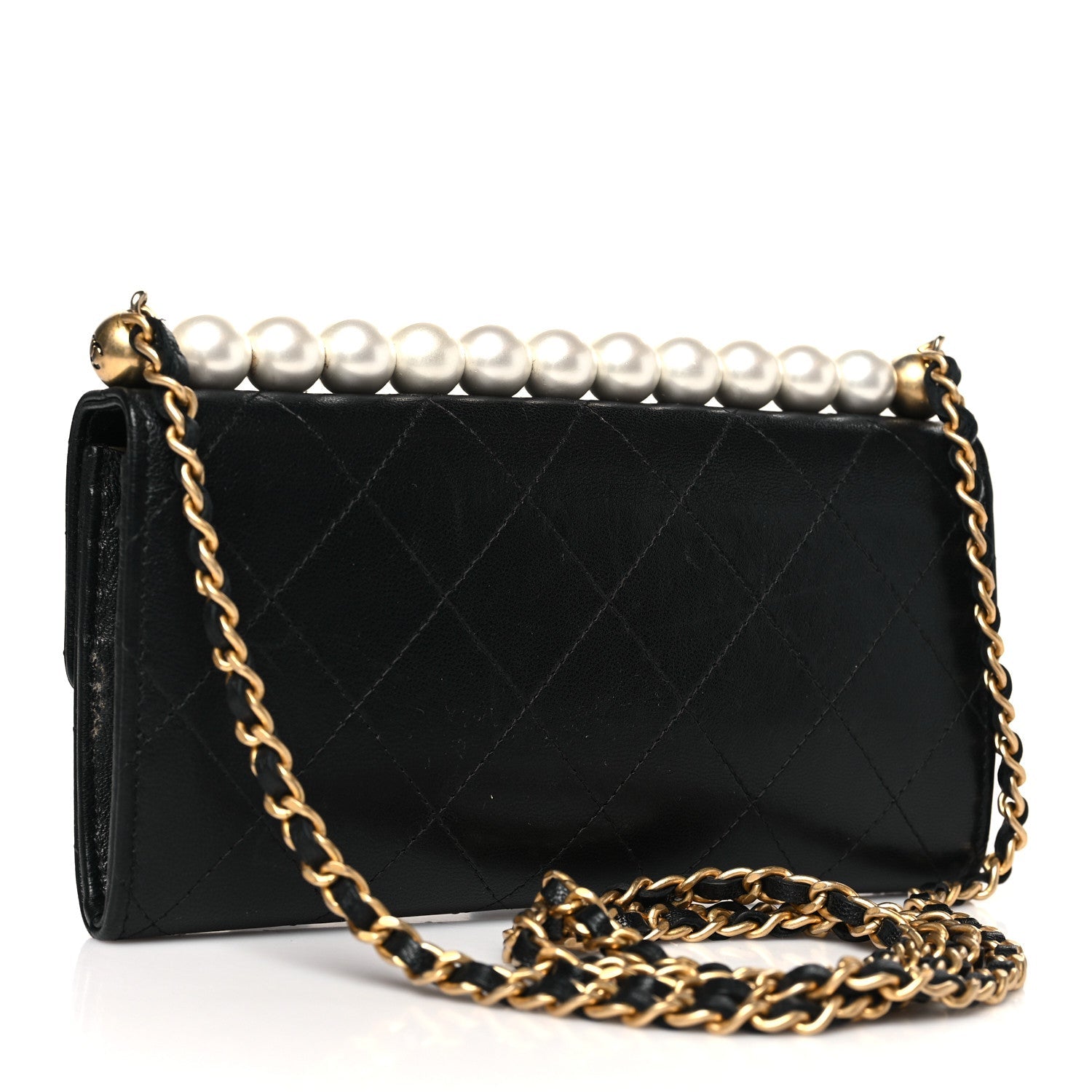 Lambskin Quilted Chic Pearls Clutch With Chain Black