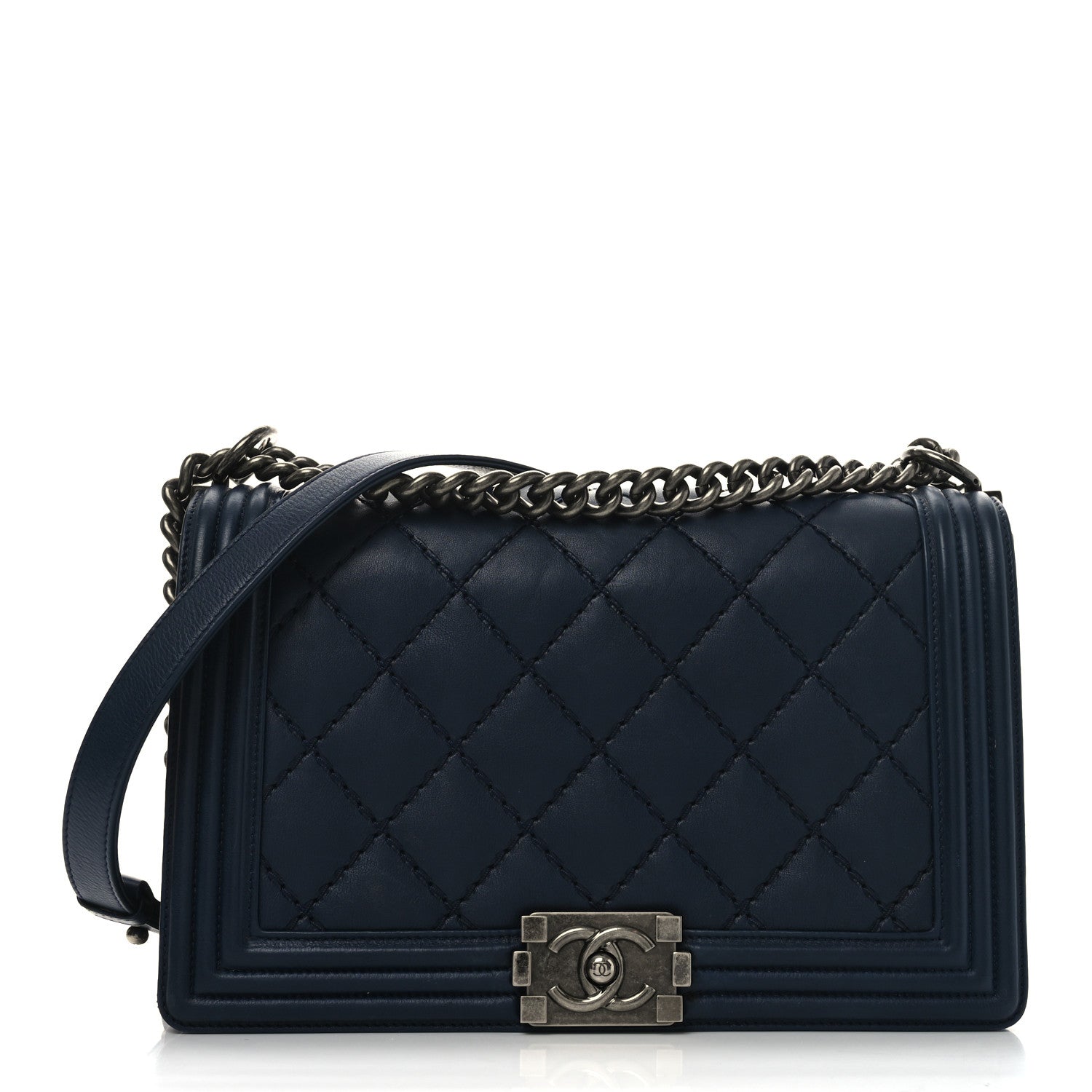 Calfskin Double Stitch New Medium Boy Flap Navy Blue