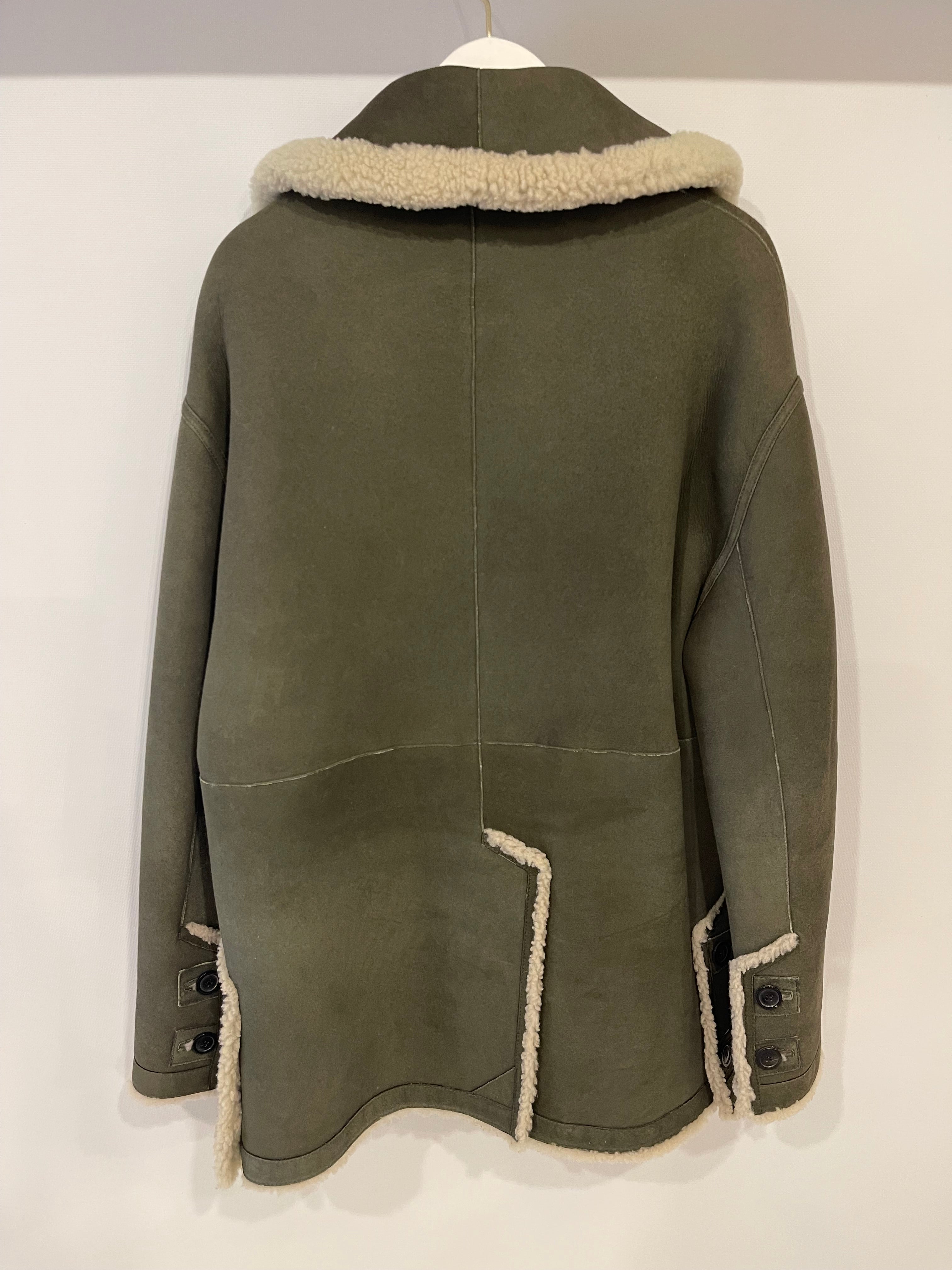 Christian Dior Khaki Shearling Coat with Embroidered Logo Size FR 36 (UK 8)