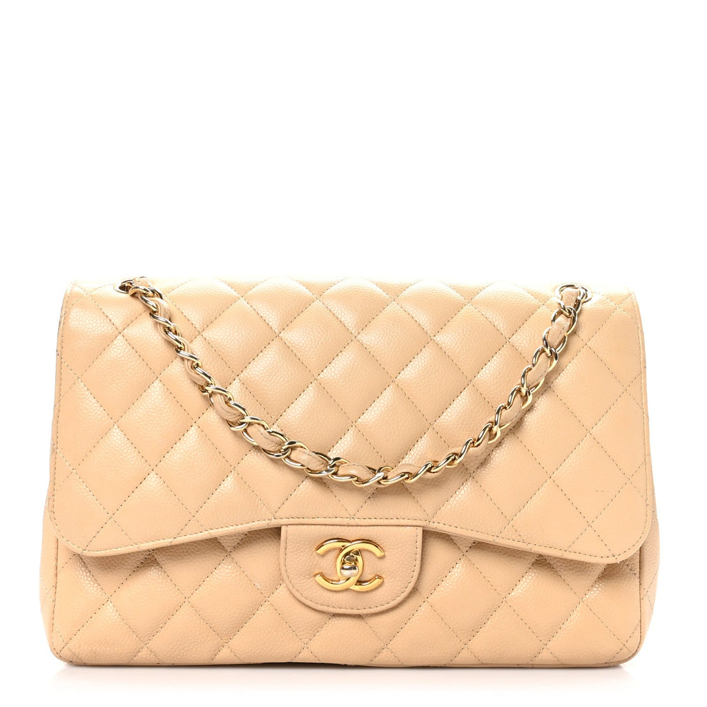 Caviar Quilted Jumbo Double Flap Beige