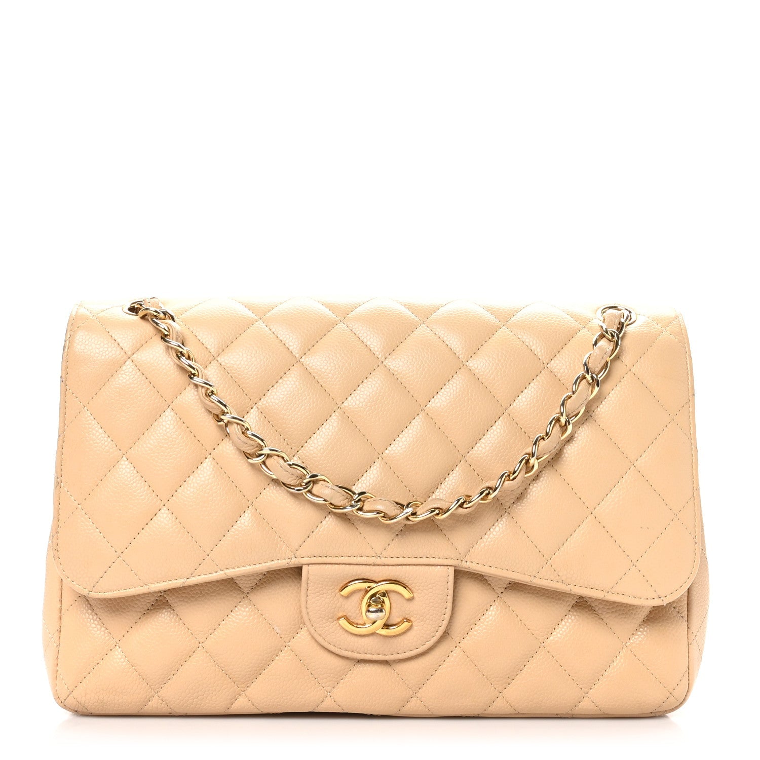 Caviar Quilted Jumbo Double Flap Beige