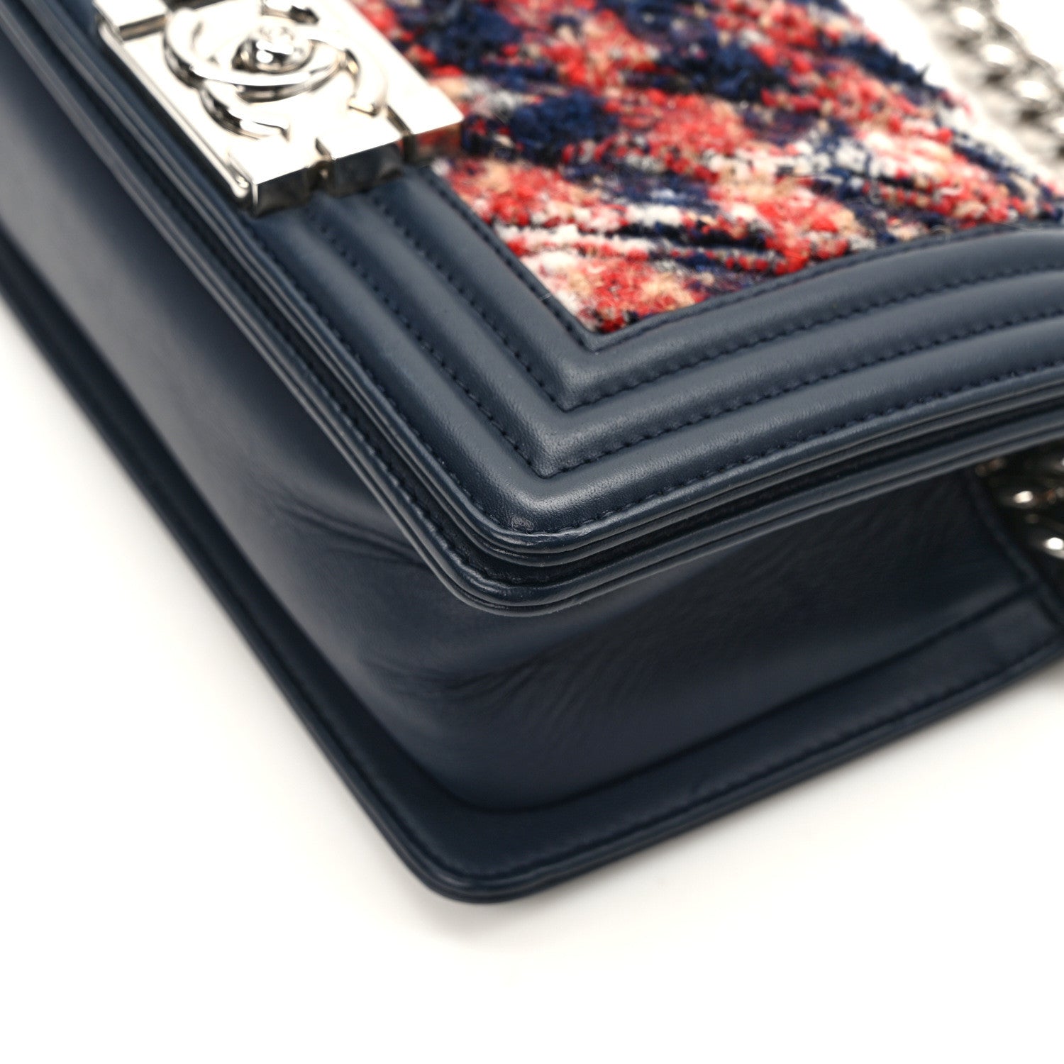 Lambskin Tweed Chevron Small Boy Flap Navy Blue