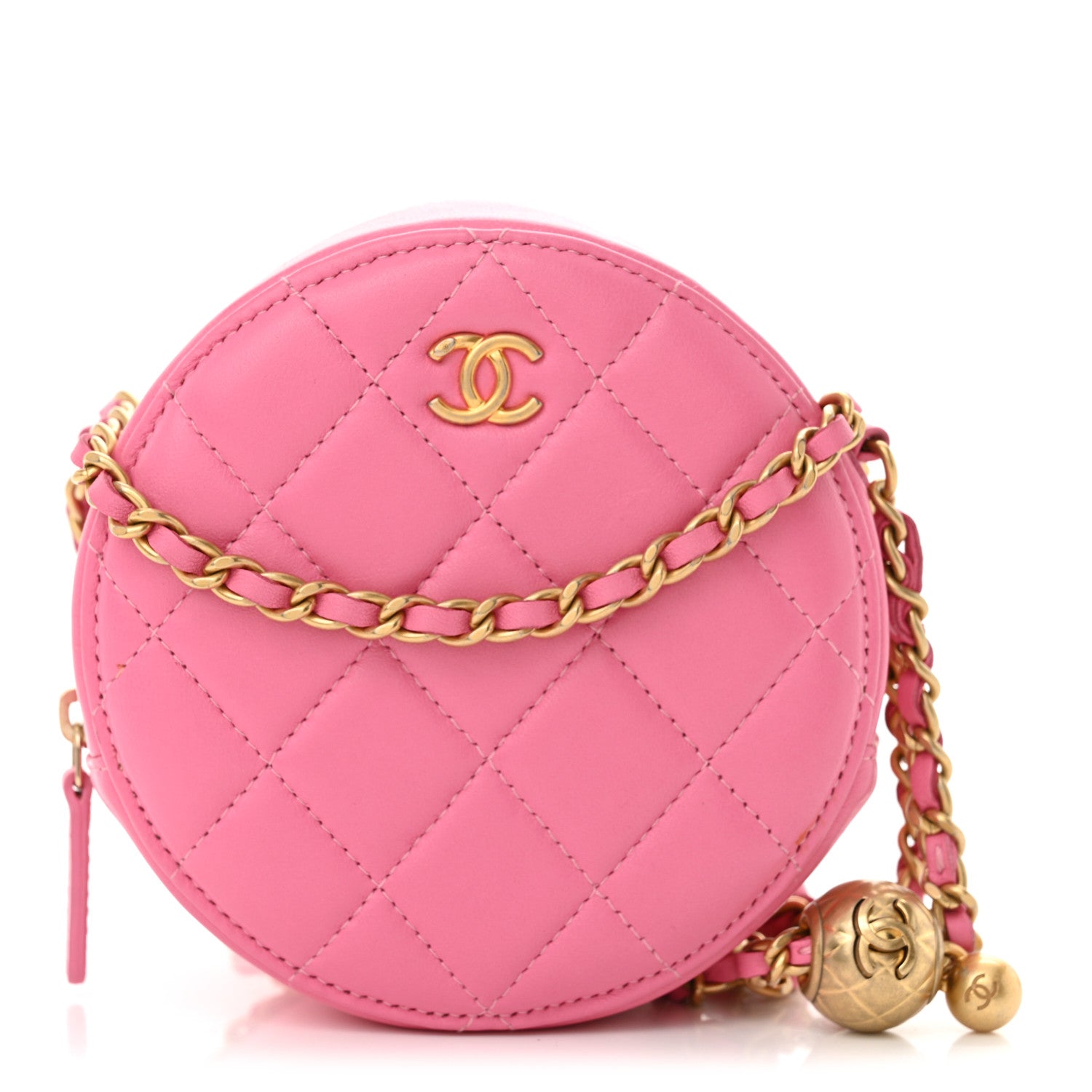 Lambskin Quilted Round Pearl Crush Clutch With Chain Pink