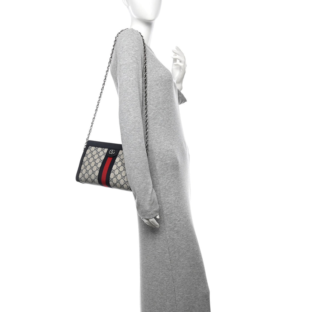GG Supreme Monogram Textured Dollar Calfskin Web Small Ophidia Chain Shoulder Bag Beige Blue