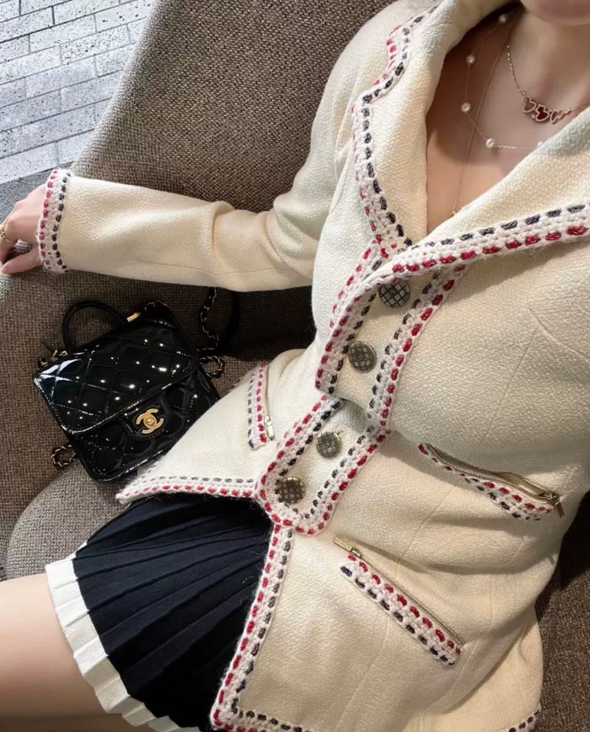 CHANEL 18B Hamburg Ivory Navy Red Tricolor Wool Braid Trim Jacket size 38