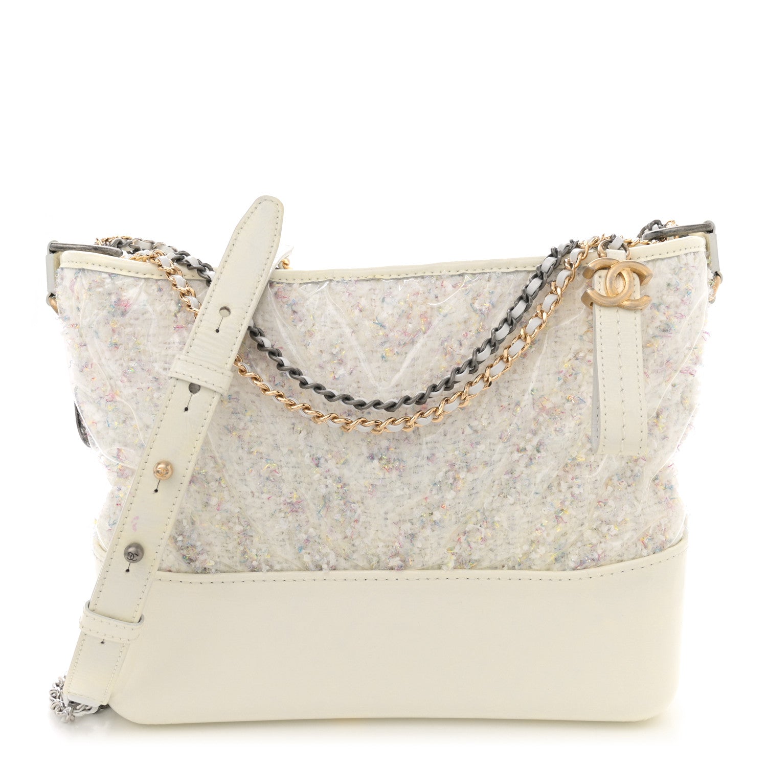 Tweed PVC Patent Chevron Quilted Medium Gabrielle Hobo White